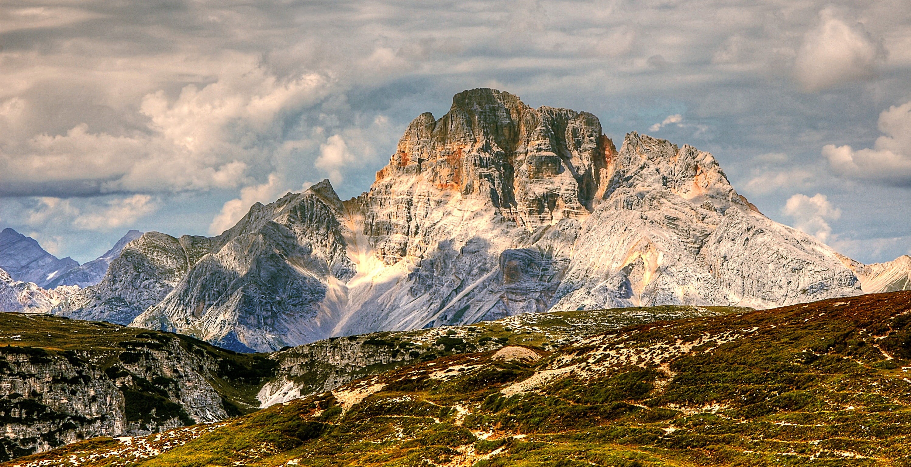 unesco world heritage, clouds, snowcapped mountain, alpine panorama, three zinnen, landscape, rock, solid, italy, land, view, mountain pass, rock formation, HD Wallpaper