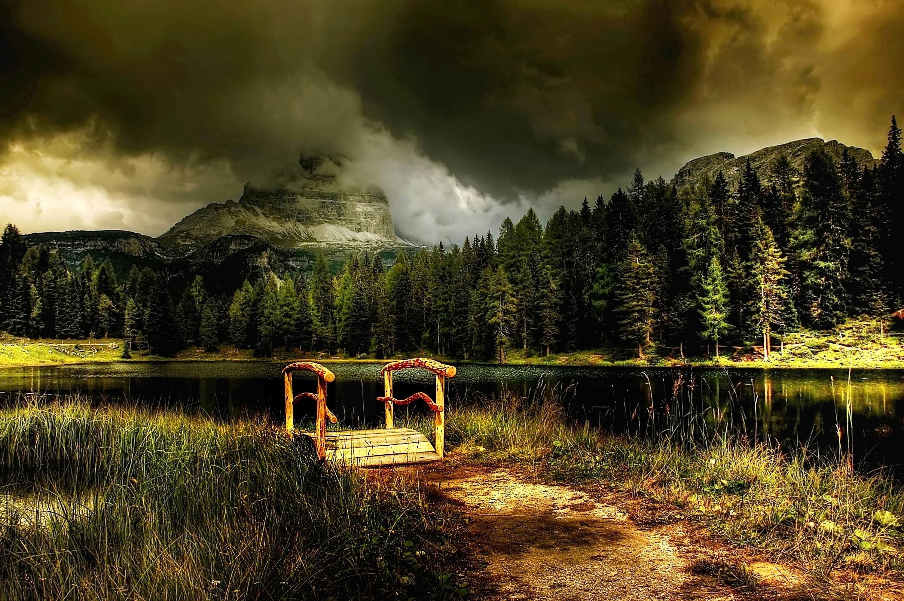 hike, belluno, three zinnen, view, lake, panorama, tre cime, alm, sesto, mountain, mood, tranquil scene, no people, bridge, outdoors, cloud - sky, woodland, HD Wallpaper