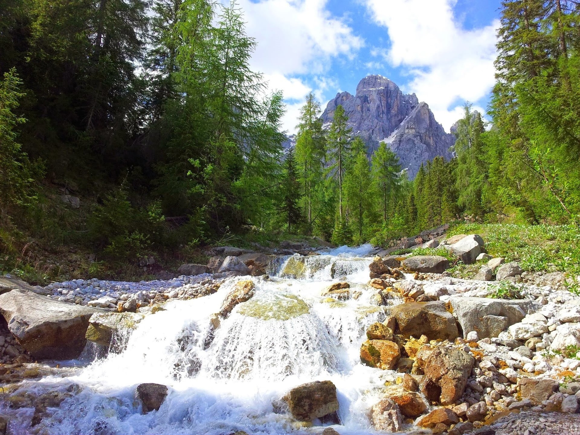 beauty in nature, italy, no people, outdoors, nature, long exposure, river, formation, south tyrol, scenics - nature, 1080P, three zinnen, day, tree, flowing, HD Wallpaper