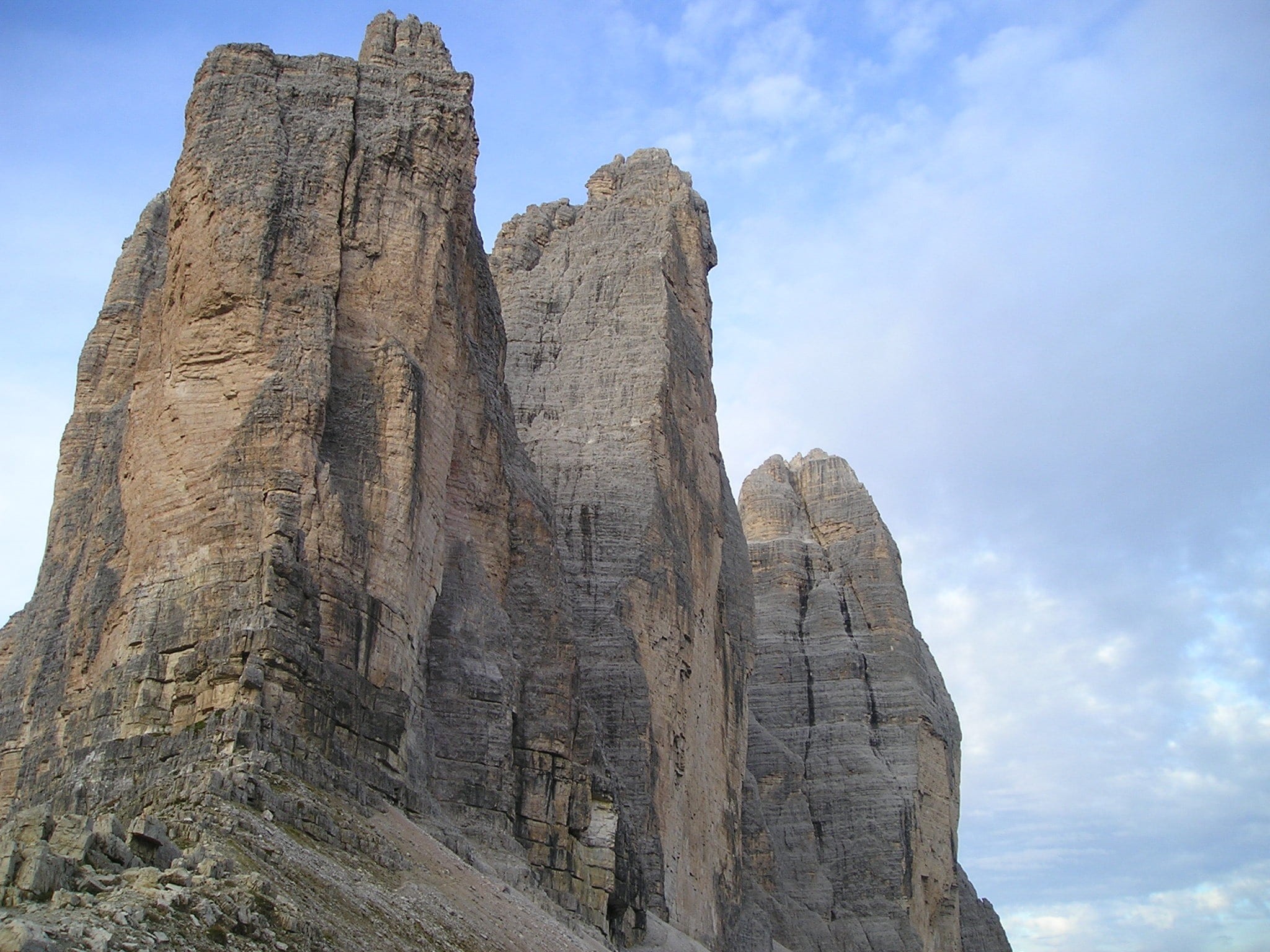 mountain, 1080P, extreme sports, sky, rock formation, three zinnen, cloud - sky, sexten dolomites, beauty in nature, dolomites, hiking, ancient civilization, HD Wallpaper