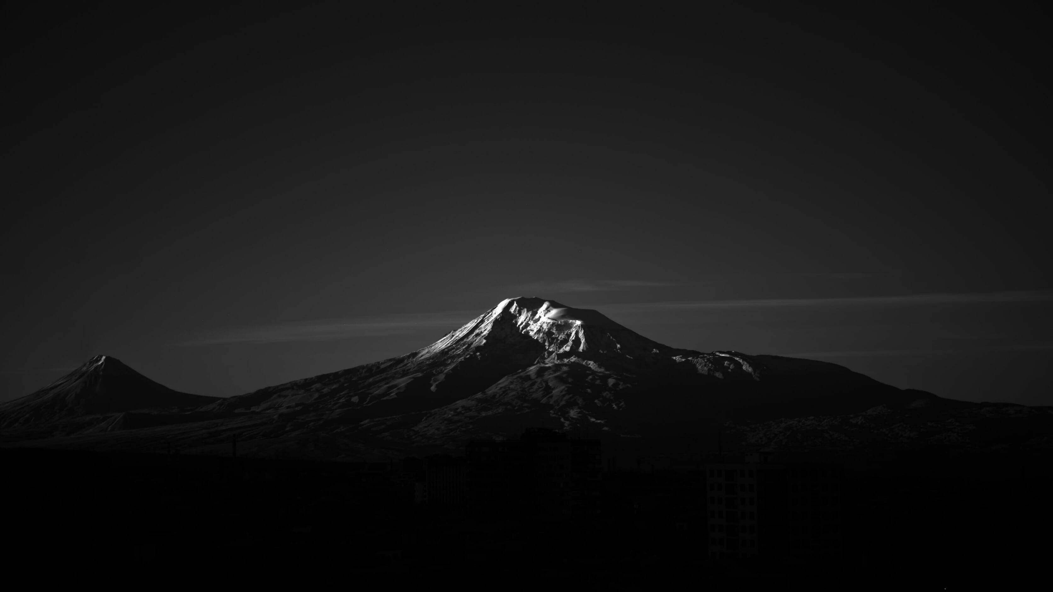 volcanic crater, no people, snow capped, volcano, dark, landscape, non-urban scene, mountain, outdoors, beauty, environment, copy space, black background, HD Wallpaper
