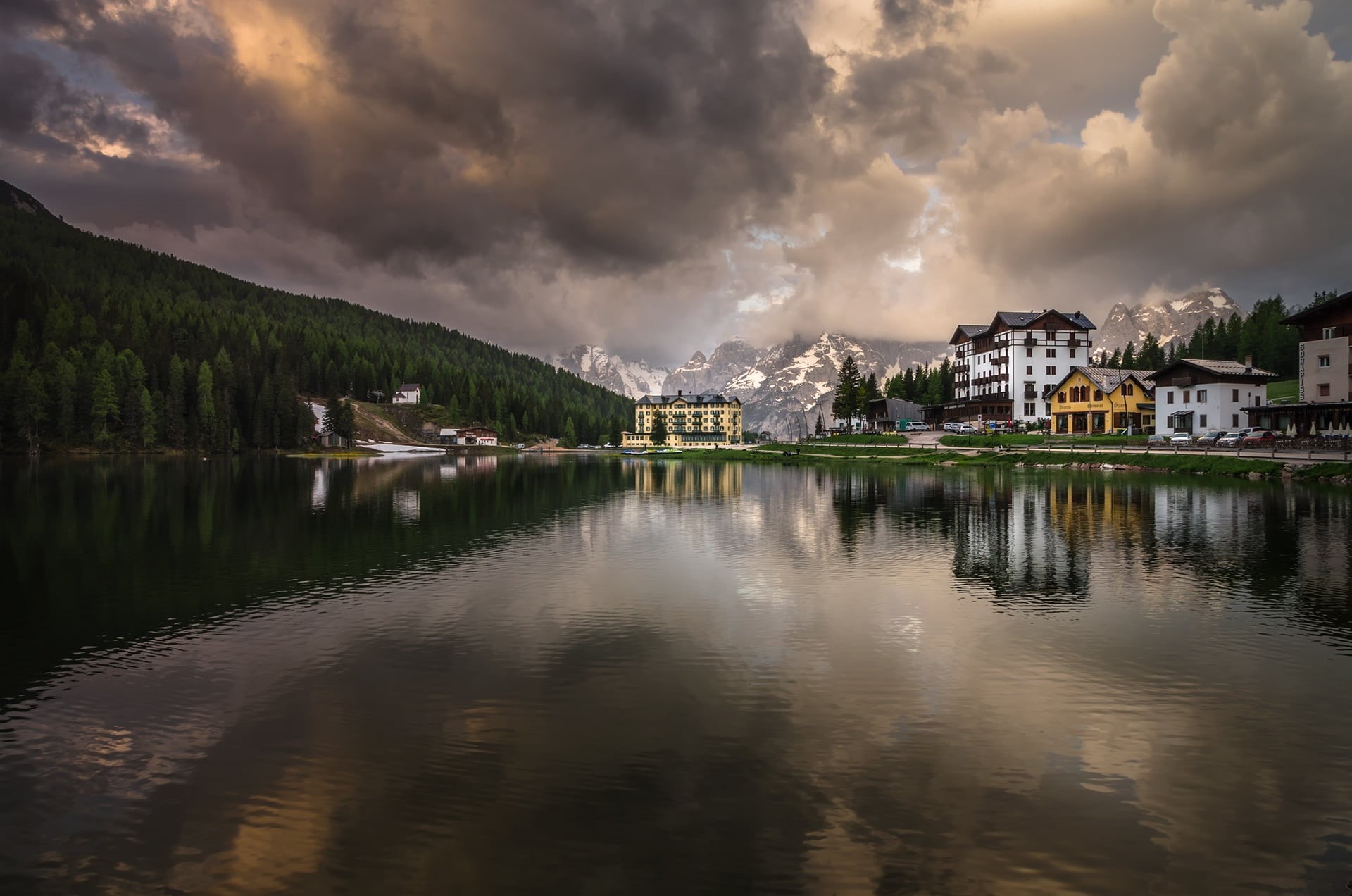 morning, resort, landscape, 1080P, Misurina, The Dolomites, Italy, lake, village, mountains, reflection, dawn, nature, HD Wallpaper
