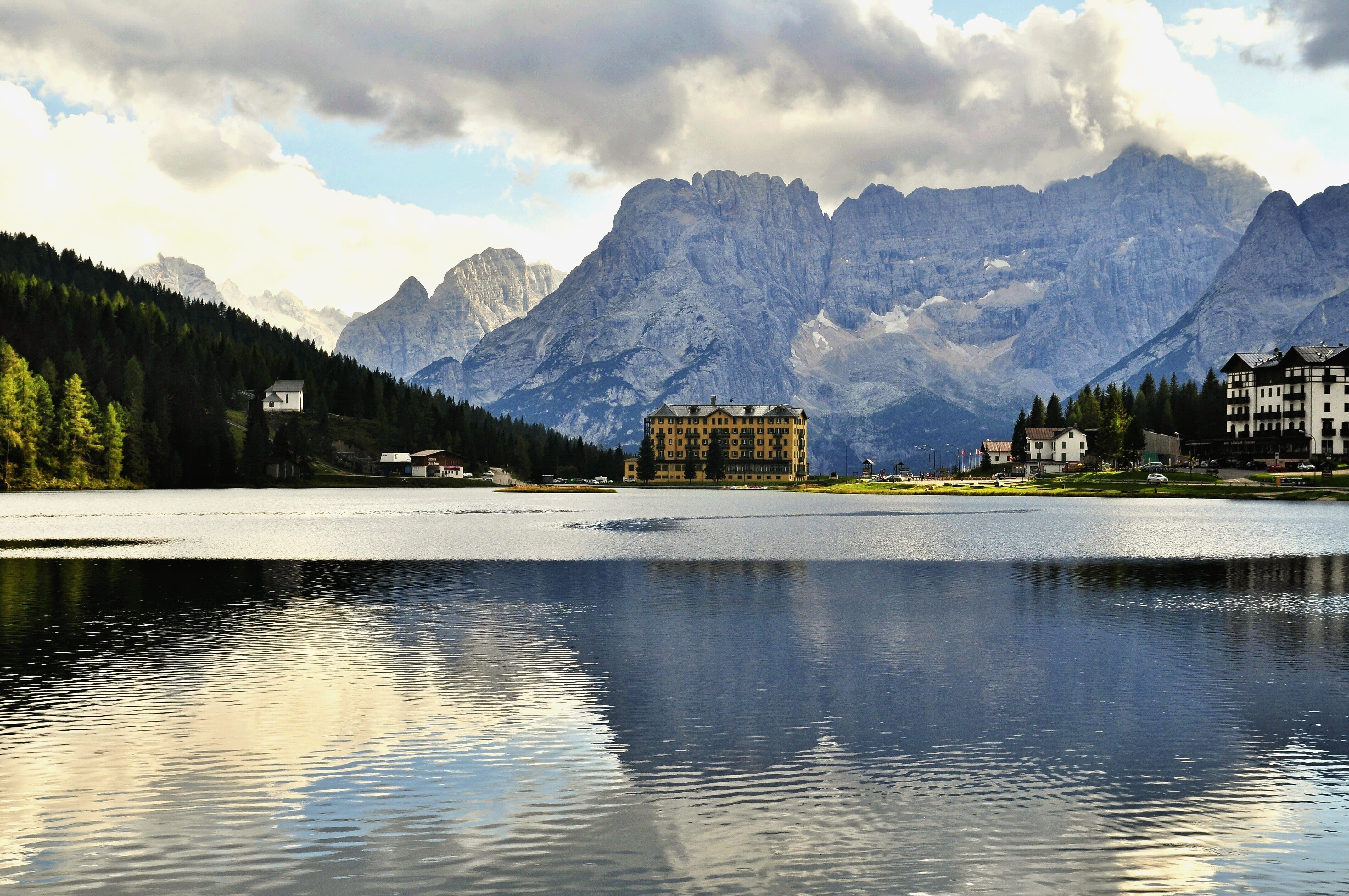 lake, plant, dolomites, south tyrol, snowcapped mountain, sky, reflection, mountains, landscape, no people, scenics - nature, day, waterfront, water, architecture, HD Wallpaper