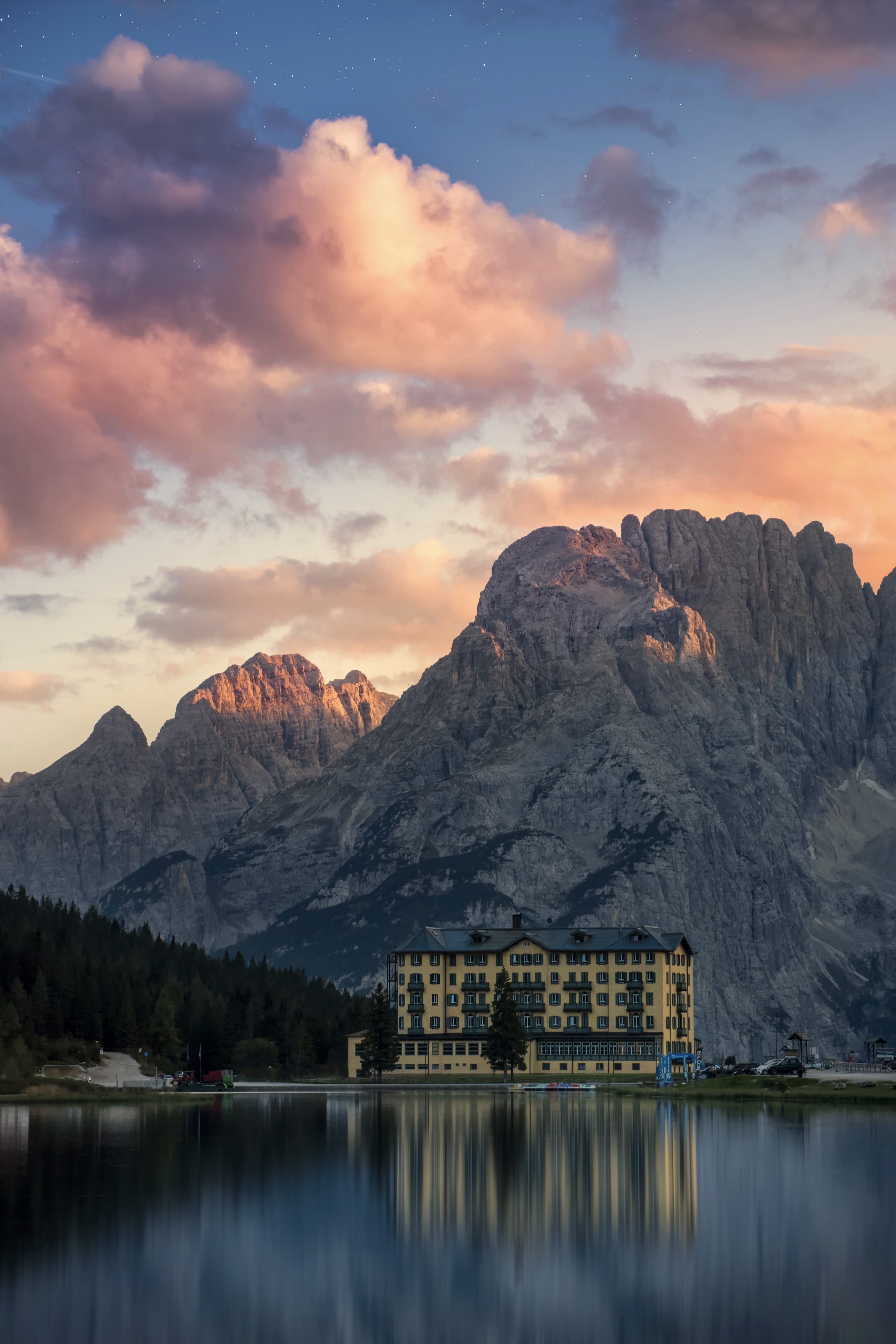 nature, non-urban scene, misurina, formation, land, mountain, sunset, idyllic, peak, mountain range, built structure, lake, no people, 5K, sea, snowcapped mountain, Phone HD Wallpaper