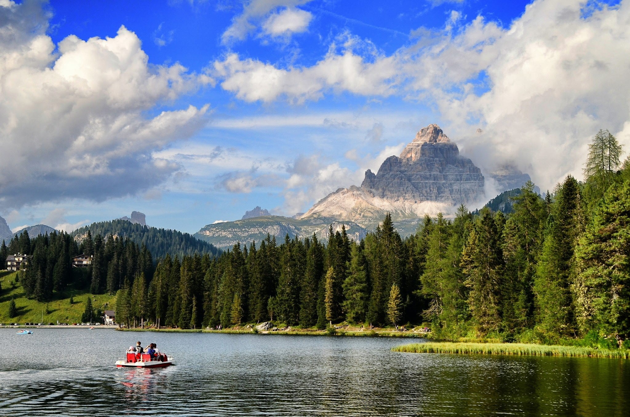 water, 1080P, motorboat, landscape, misurina, red, cloud - sky, outdoors, tranquil scene, nautical vessel, leisure activity, tree, tranquility, forest, HD Wallpaper