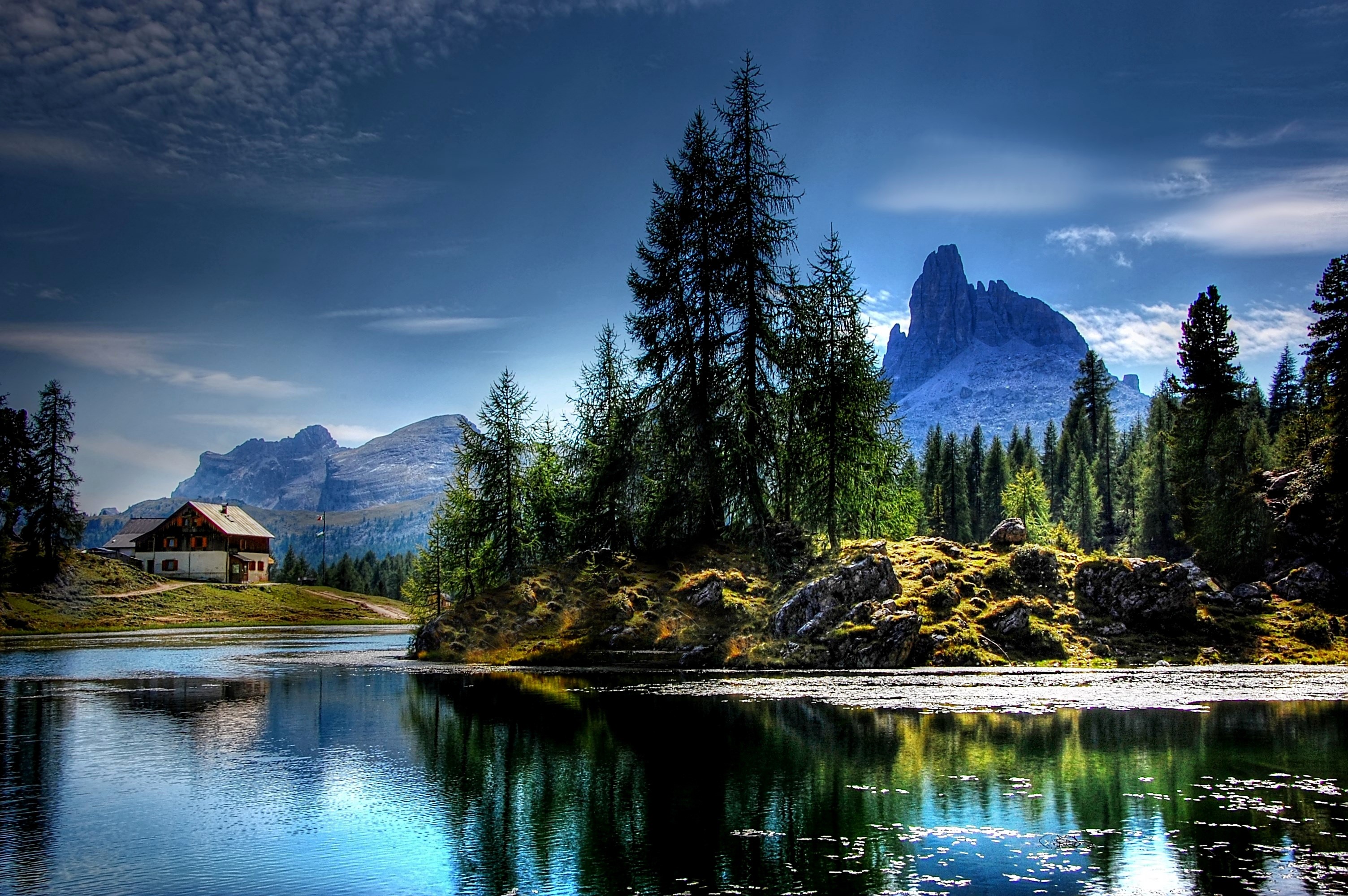mountain, house, body, pine, alpine panorama, italy, 2K, landscape, summer, water, environment, nature, mountains, antelao, alm, reflection, lake, building exterior, HD Wallpaper