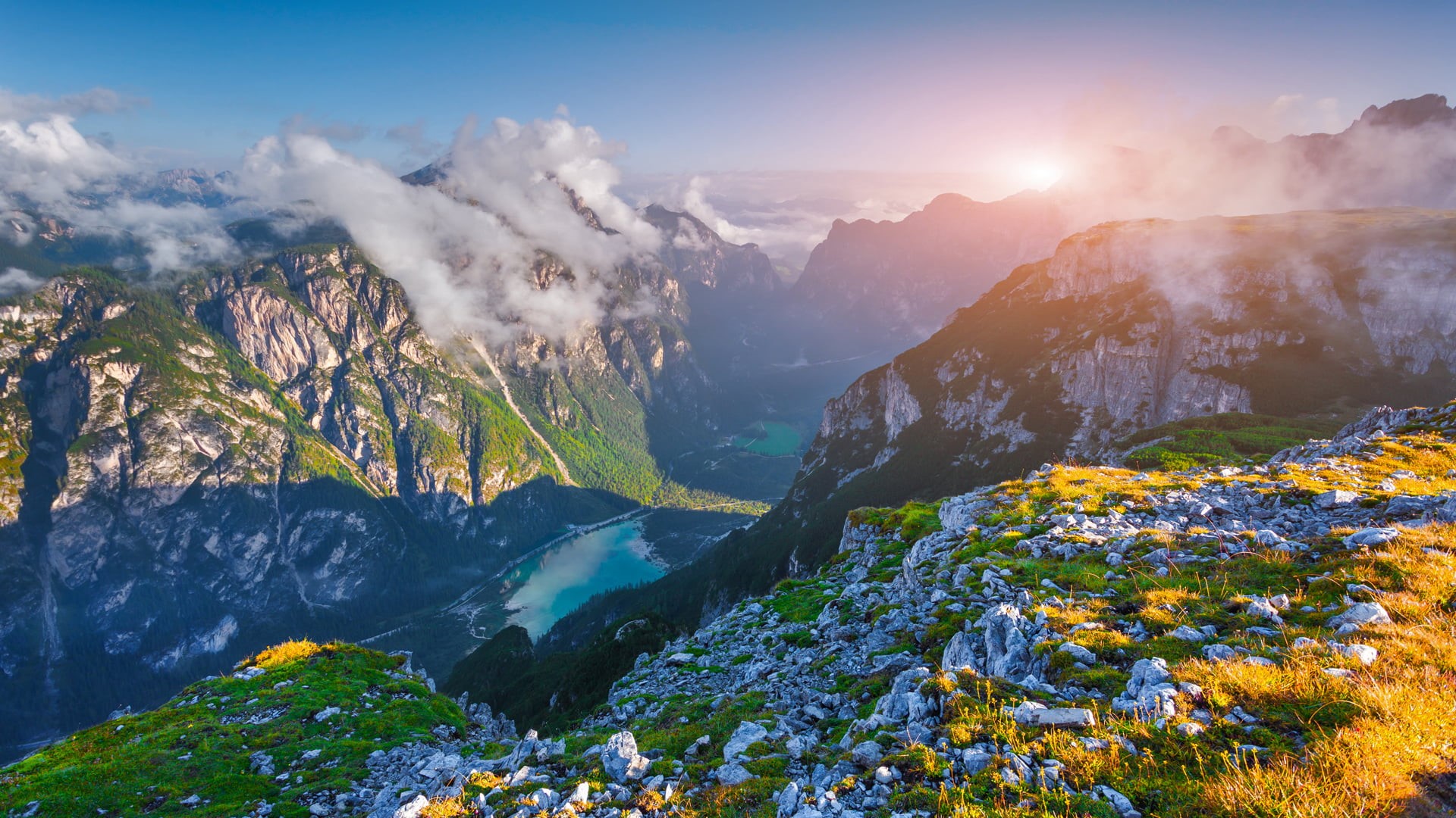 Tre Cime di Lavaredo, horizon, Dolomites (mountains), lake, mountains, South Tyrol, far view, nature, Sun, plants, rocks, Italy, clouds, 1080P, landscape, HD Wallpaper
