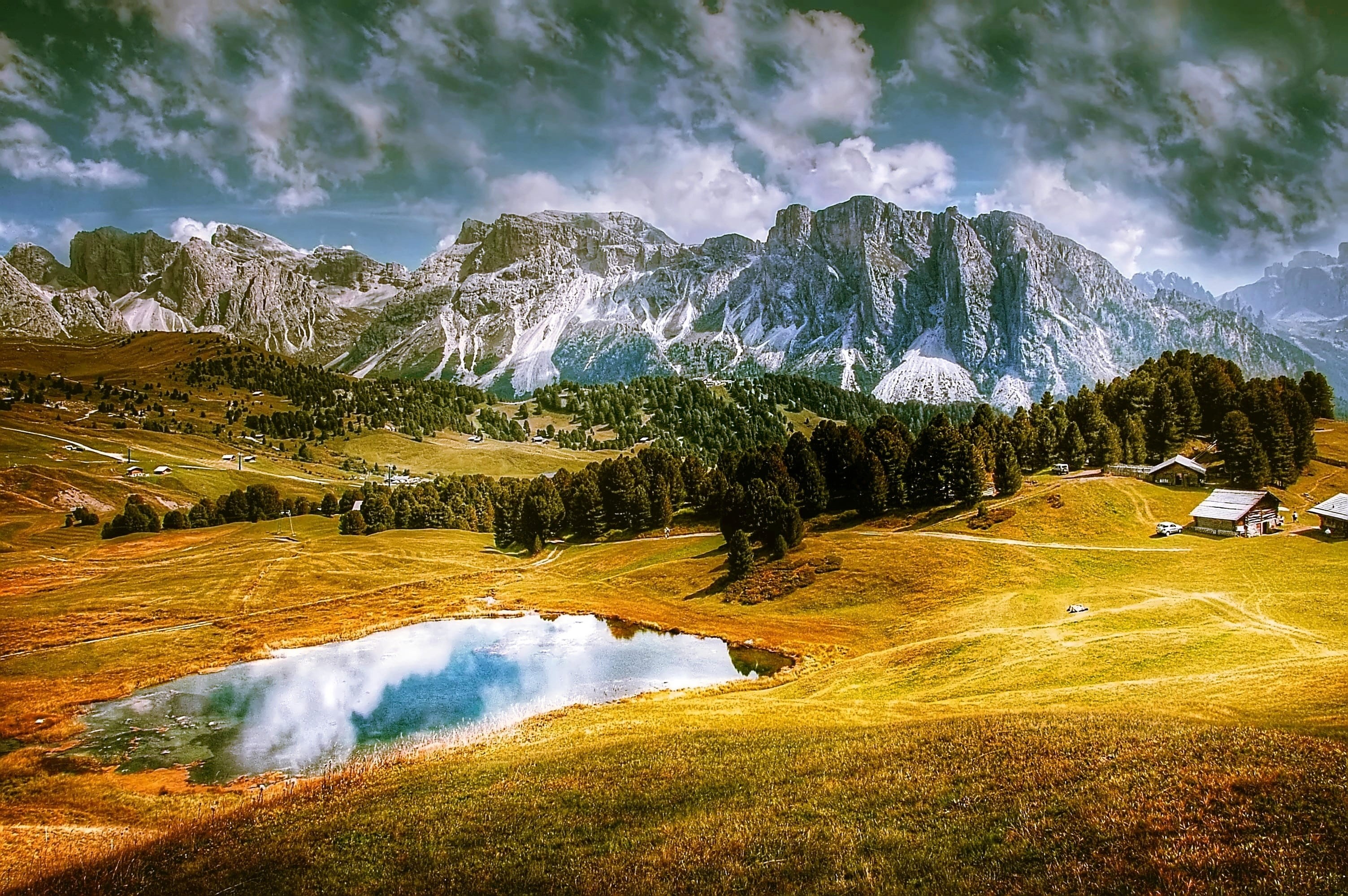 waters, Dolomites, south tyrol, valgardena, water, land, tranquility, mood, Val Gardena, great, gray, cloud - sky, mountain, white, scenics, landscape, HD Wallpaper