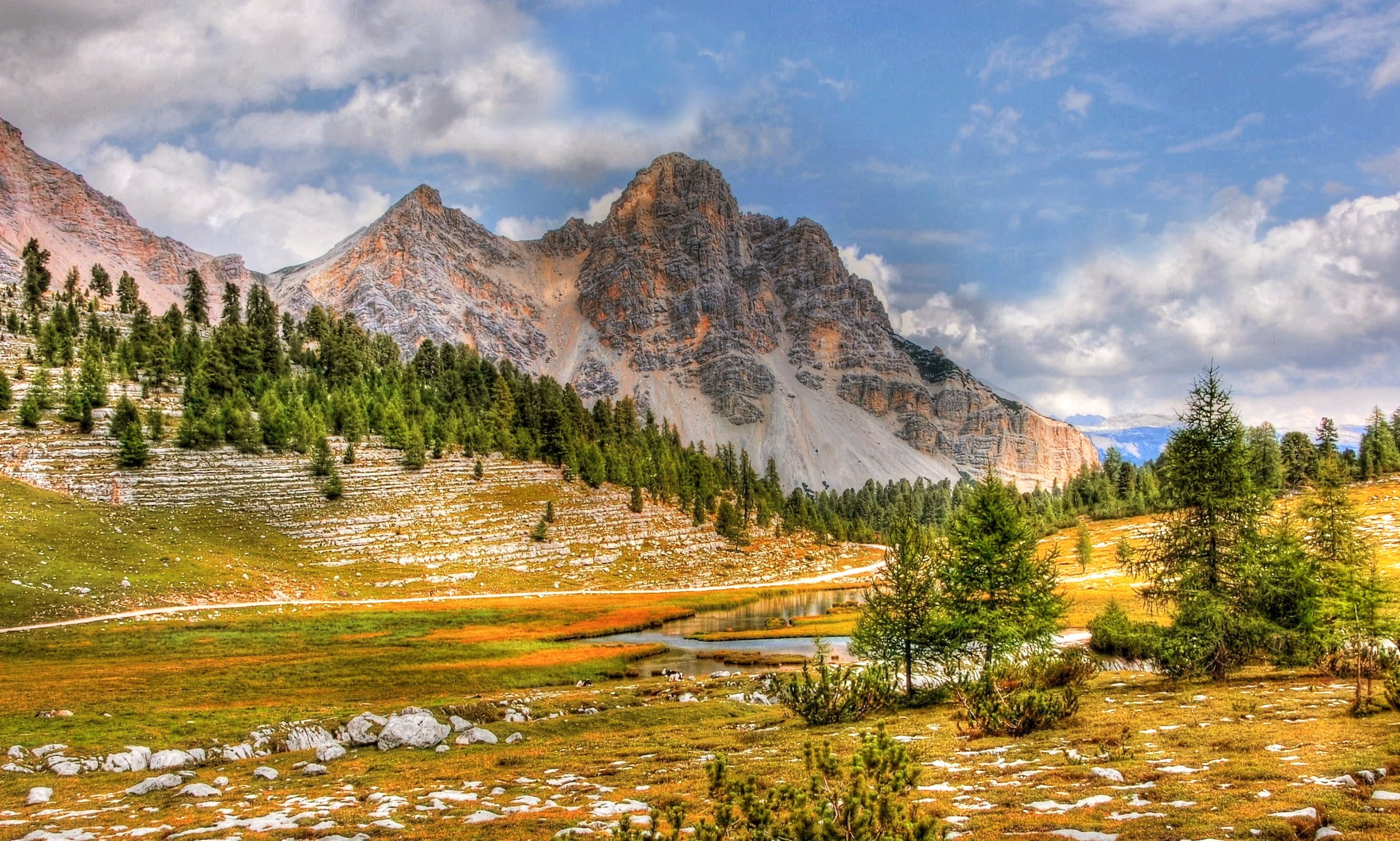 forest, hiking, mountain range, formation, outdoors, alpine, travel, rock, daytime, green, mountain, cloudy, mountains, pine tree, pine woodland, 2K, lake, HD Wallpaper