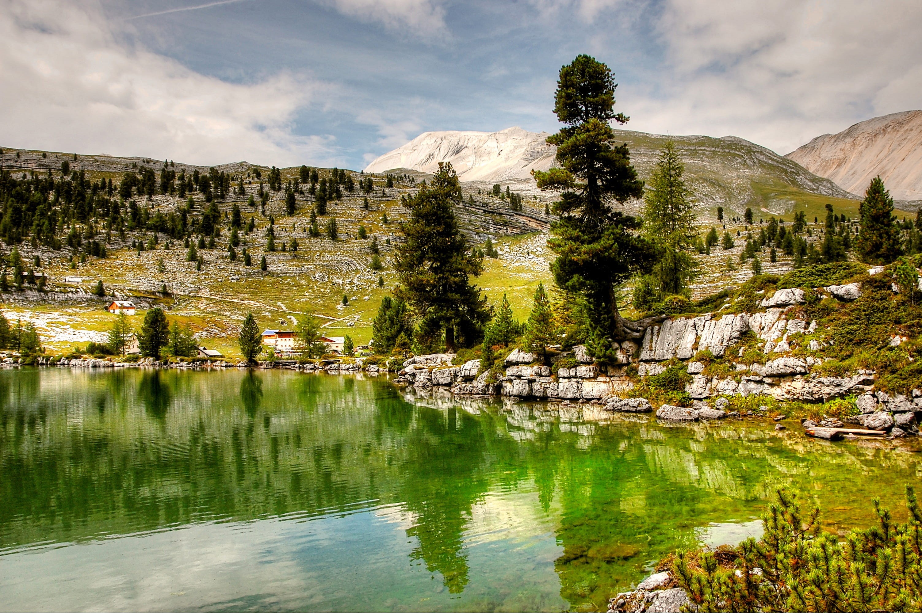 view, building exterior, rubble field, cloud - sky, Dolomites, reflection, green Color, mountain Range, hiking, sunny, beauty In Nature, outdoors, boulders, HD Wallpaper