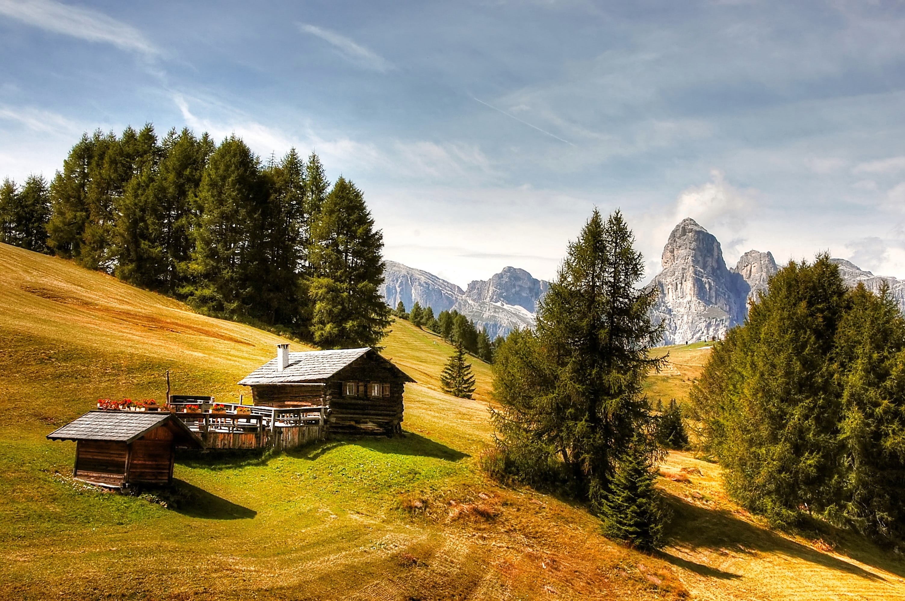 scenics - nature, Dolomites, built structure, 2K, landscape, unesco world heritage, sky, tree, plant, woodland, coniferous tree, view, alpine, holiday, HD Wallpaper