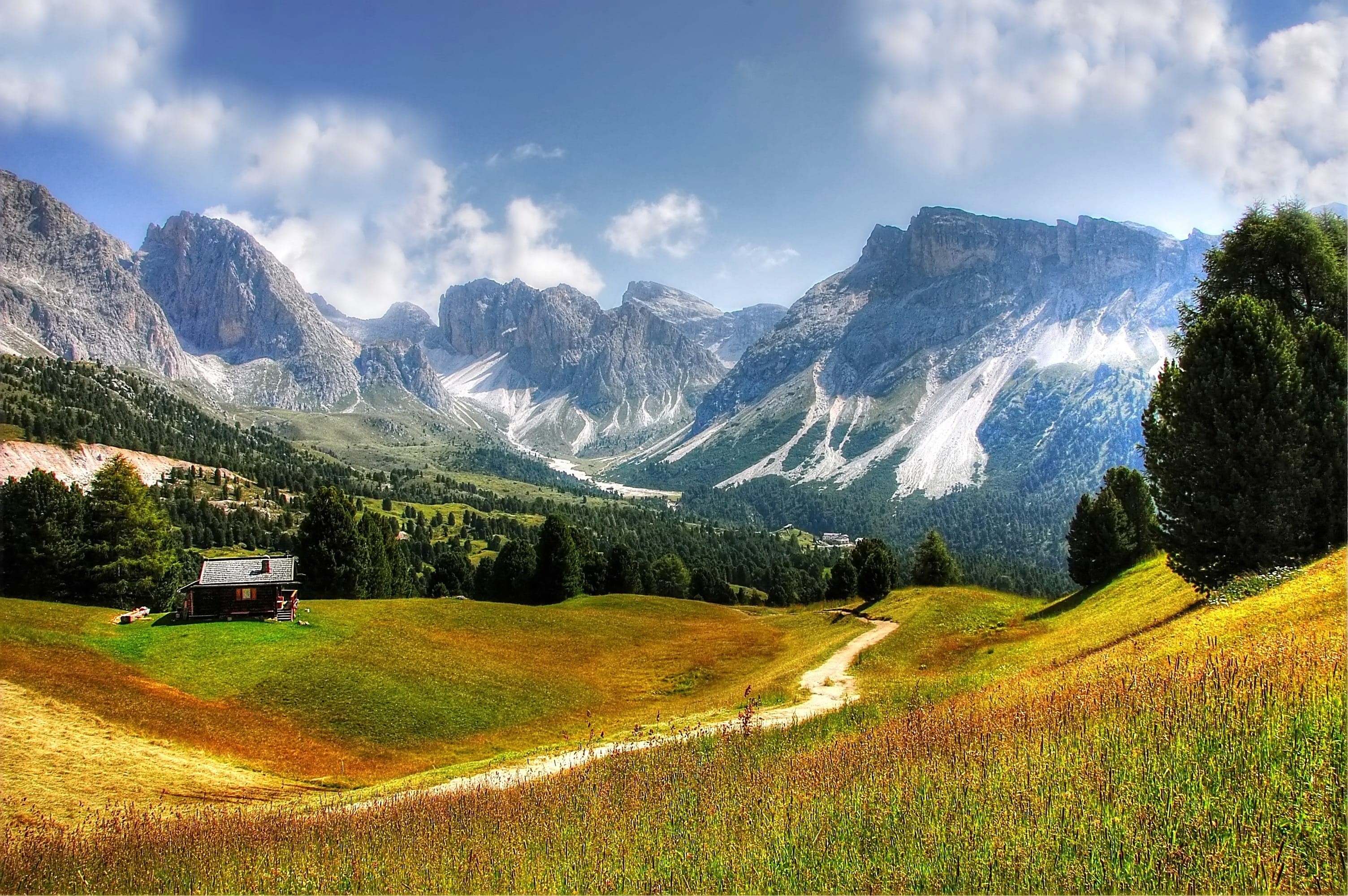 rural scene, no people, field, alpine panorama, colorful, sunny day, summer, outlook, unesco world heritage, cloud - sky, day, mountain range, blue sky, HD Wallpaper