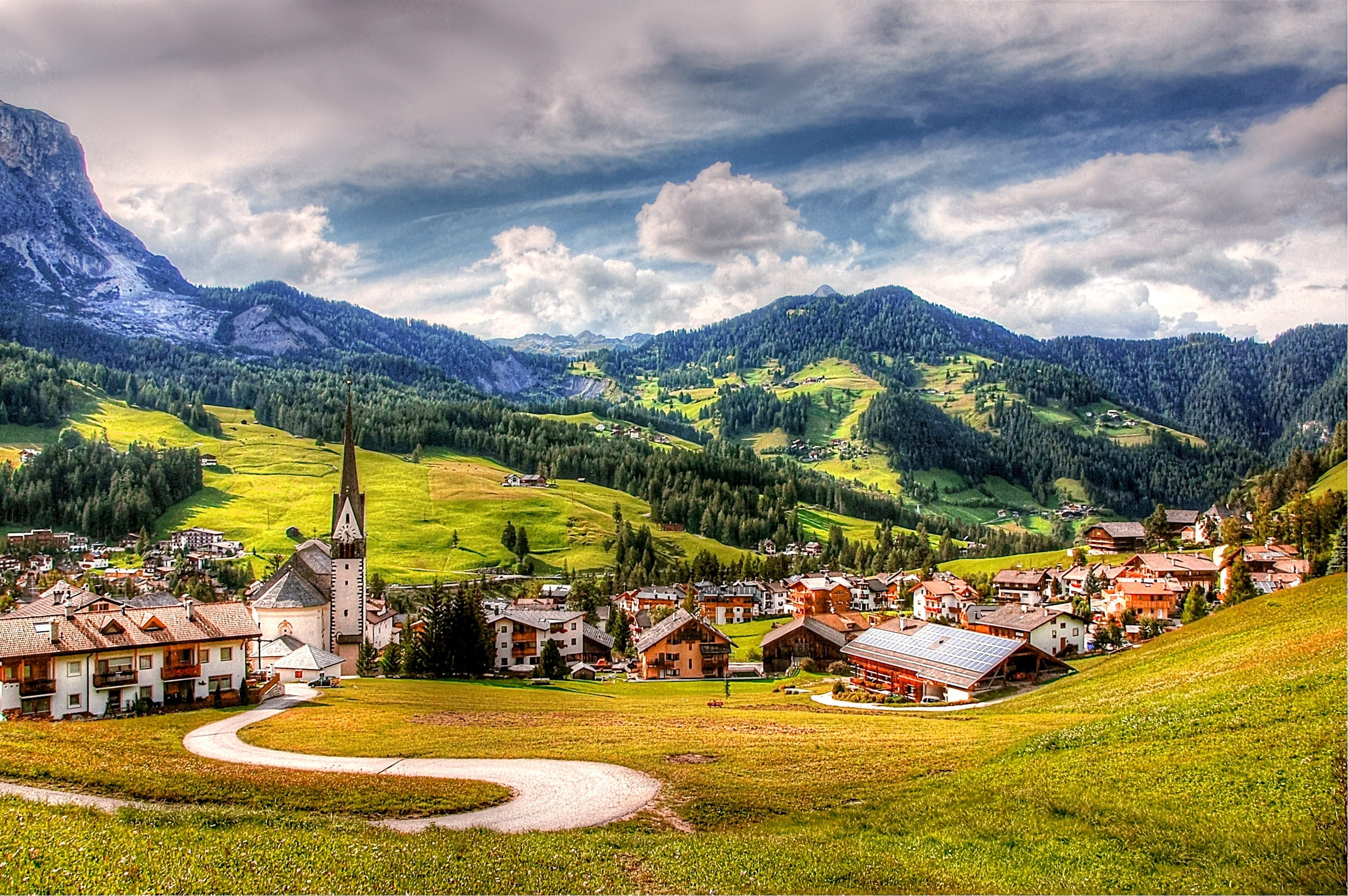sky, built structure, forest, scenics - nature, mountain range, alm, cloudy, gray, distant view, building, outdoors, rocky, south tyrol, hiking, mountain, HD Wallpaper