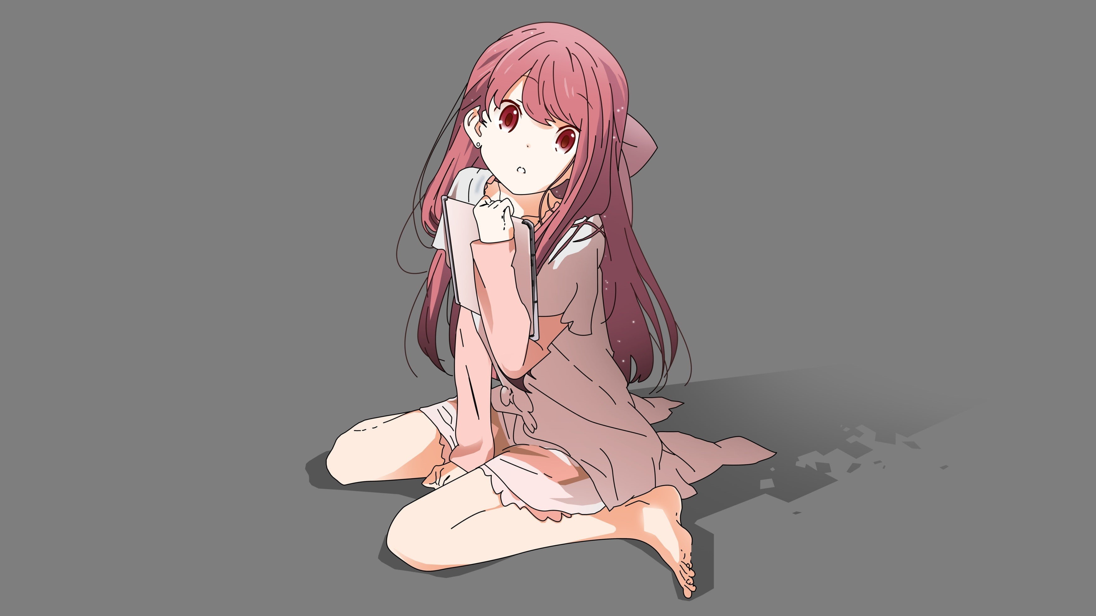 pink hair, anime, gray background, long hair, red eyes, shelter, dress, Rin (Shelter), anime girls, tablet, 2K, barefoot, HD Wallpaper