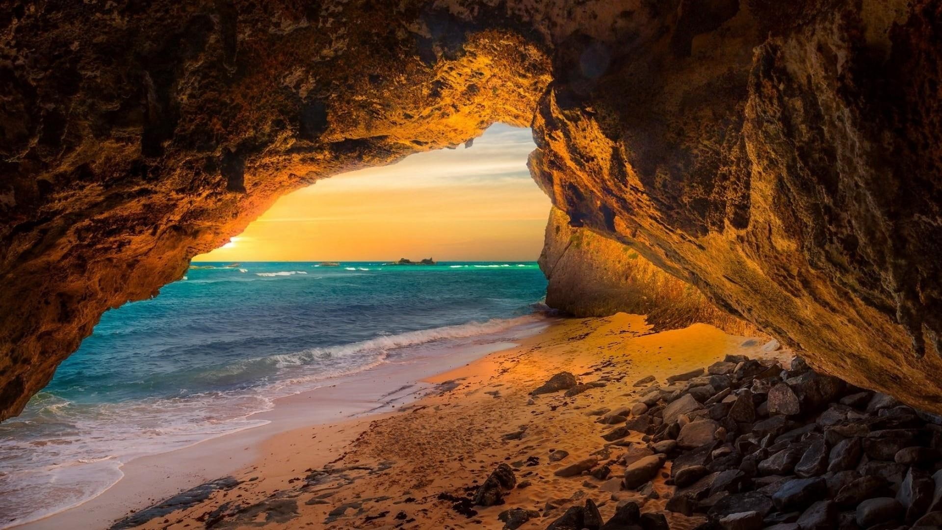 mobile, cave, tablet, 1080P, desktop, hd, scenario, sunset, pc, coast, sea, HD Wallpaper
