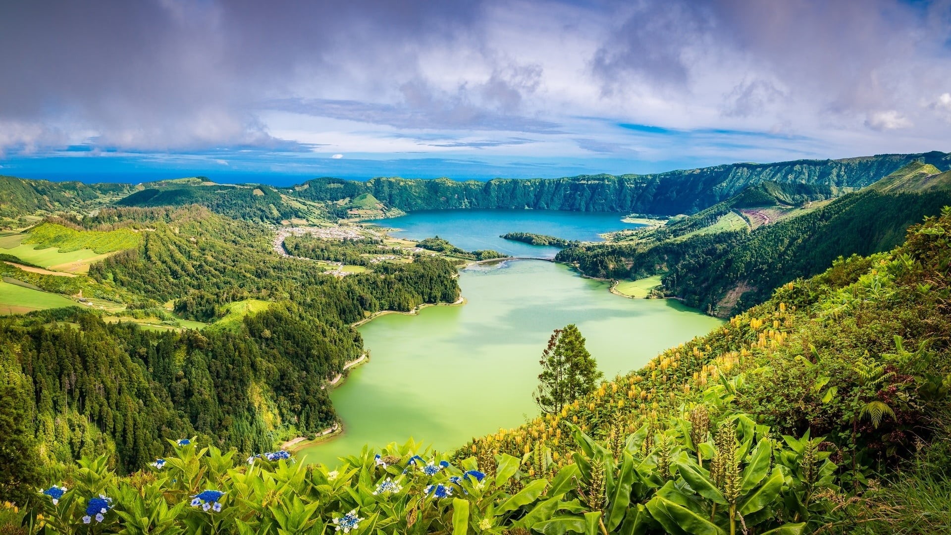 ponta delgada, travel destinations, twin lakes, 1080P, scenics - nature, cloud - sky, lagoa das sete cidades, non-urban scene, outdoors, beauty in nature, HD Wallpaper