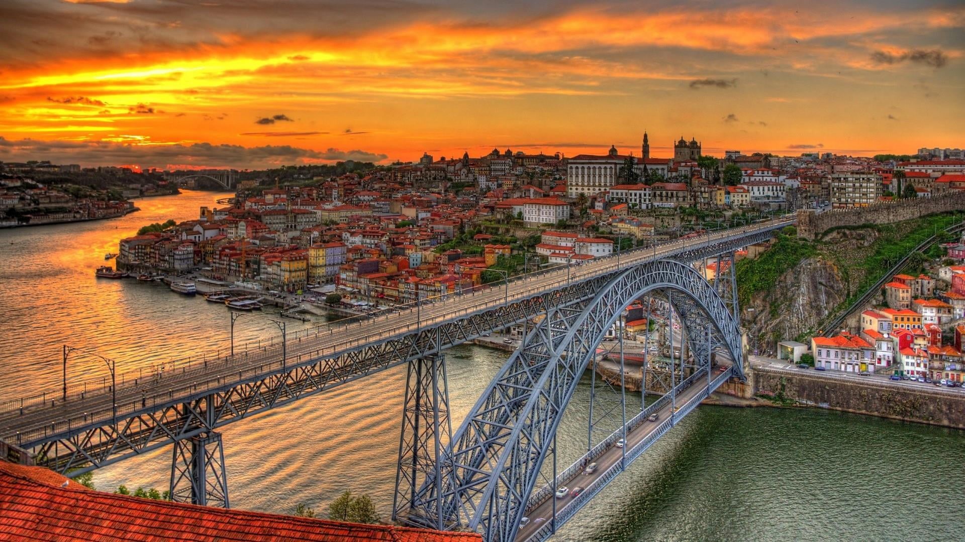 building, travel destinations, douro river, river, cityscape, porto, bridge - man made structure, orange color, bridge, sky, built structure, transportation, HD Wallpaper