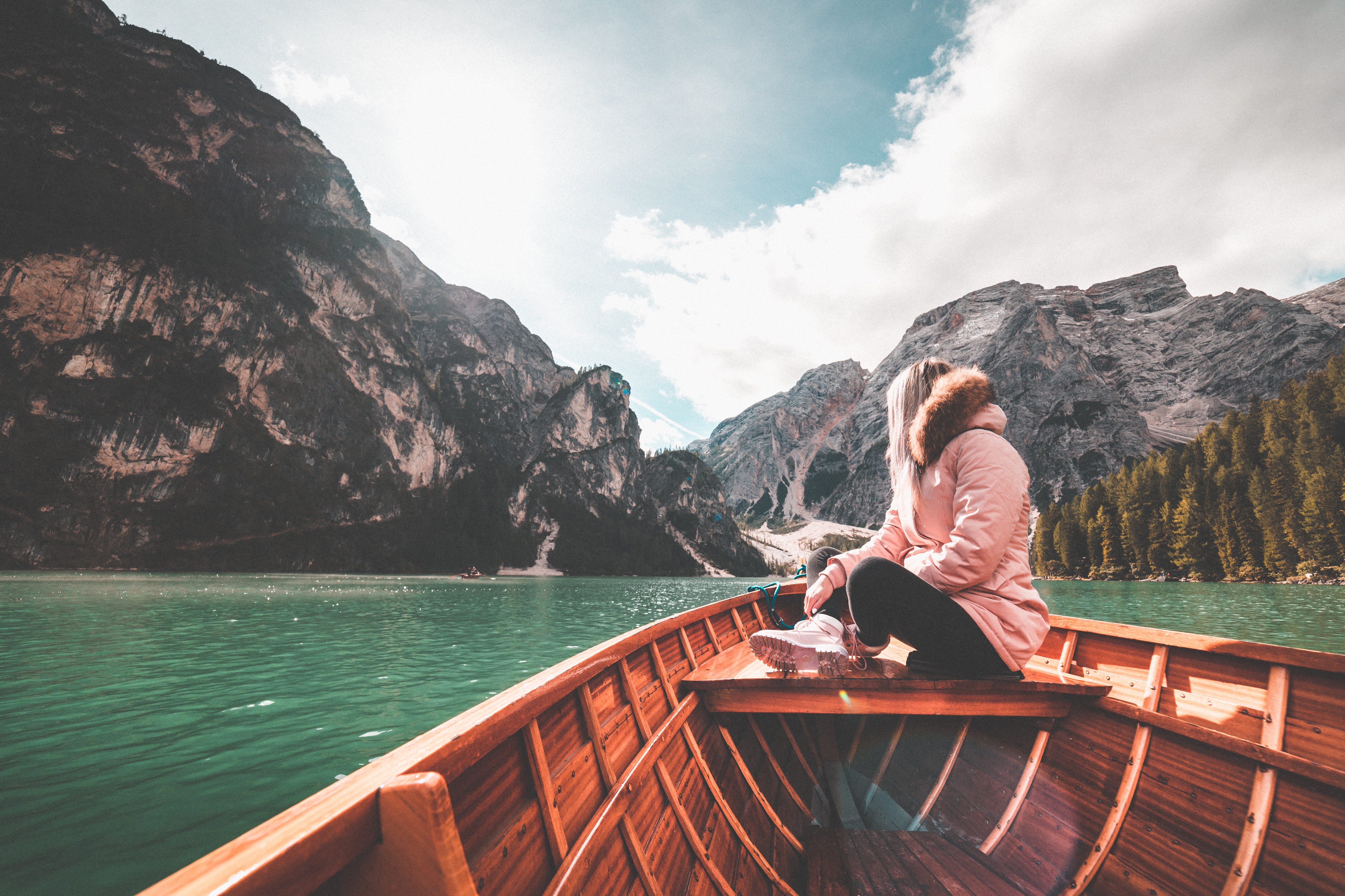 rock, 4K, relaxing, rowing boats, vacations, time, beautiful, braies lake, millennials, pragser see, water, rocks, nautical vessel, scenery, happy, adventures, HD Wallpaper