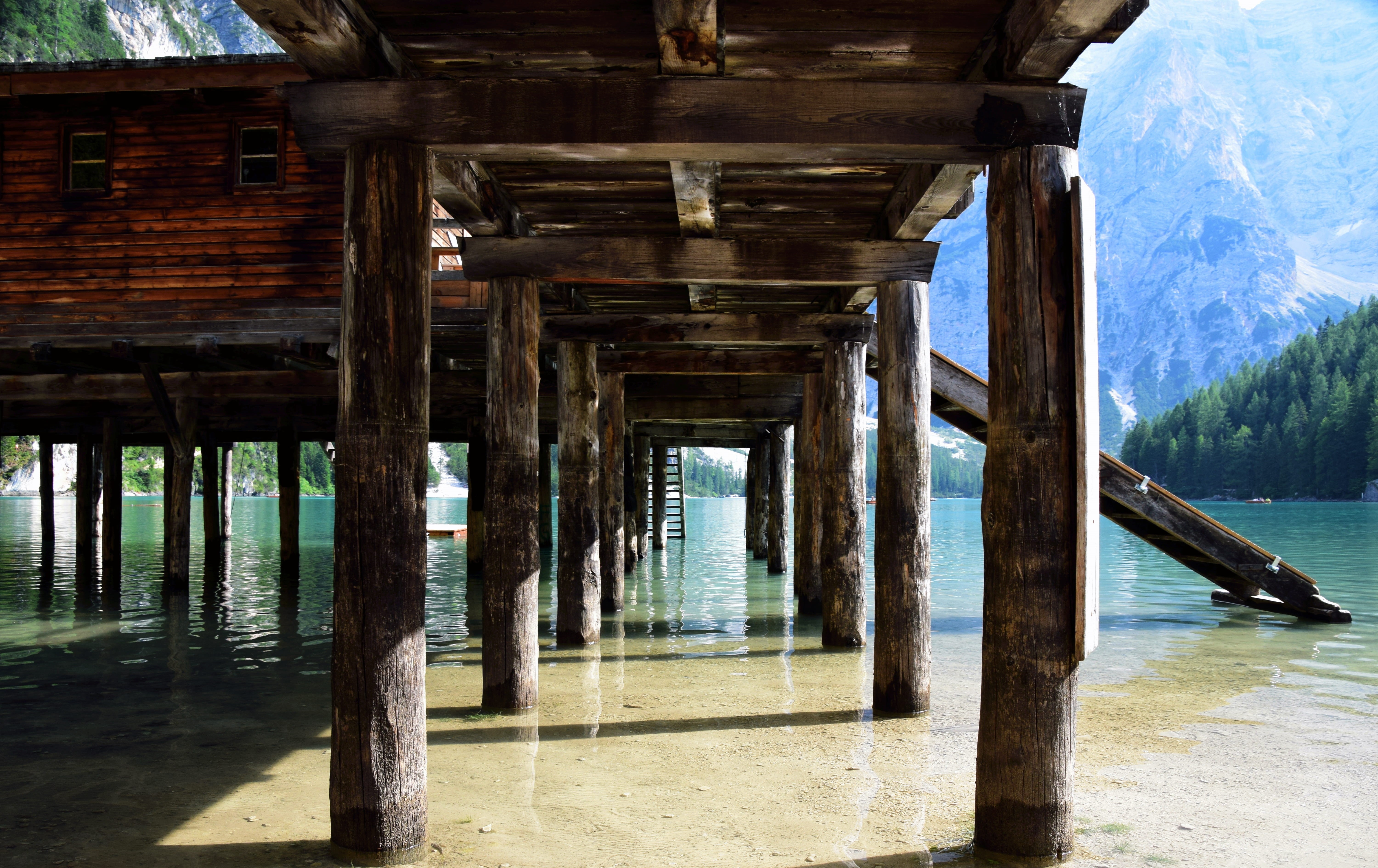 europe, no people, sun, braies, bridge, architecture, sea, lake, rock, wild, bridge - man made structure, tree, still, mountain, land, forest, pier, 5K, HD Wallpaper