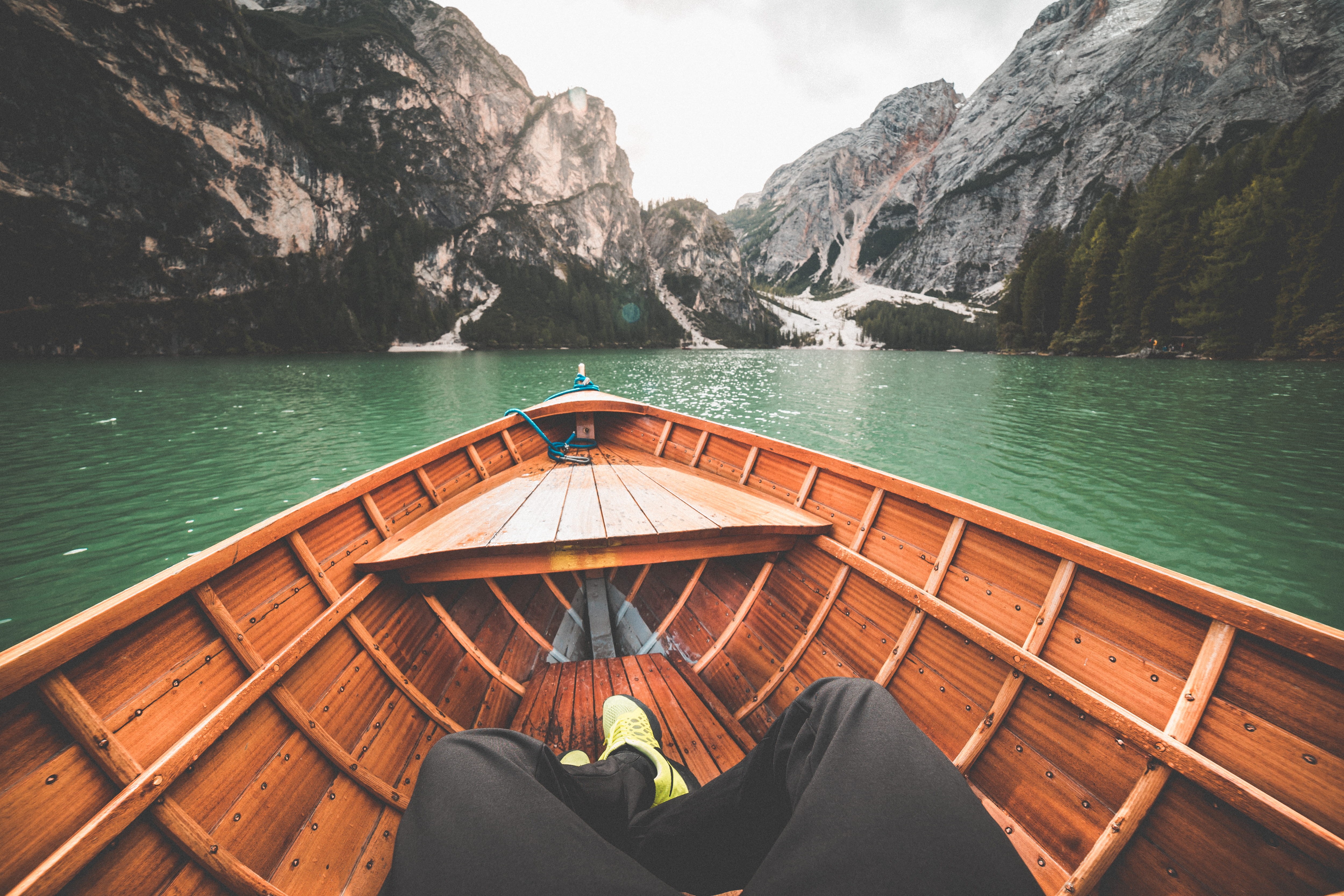 one person, rowboat, top, men, lake, legs, mountain, fpv, traveling, sea, nautical vessel, lago di braies, rowing boats, wooden, boats, forest, dolomites, HD Wallpaper
