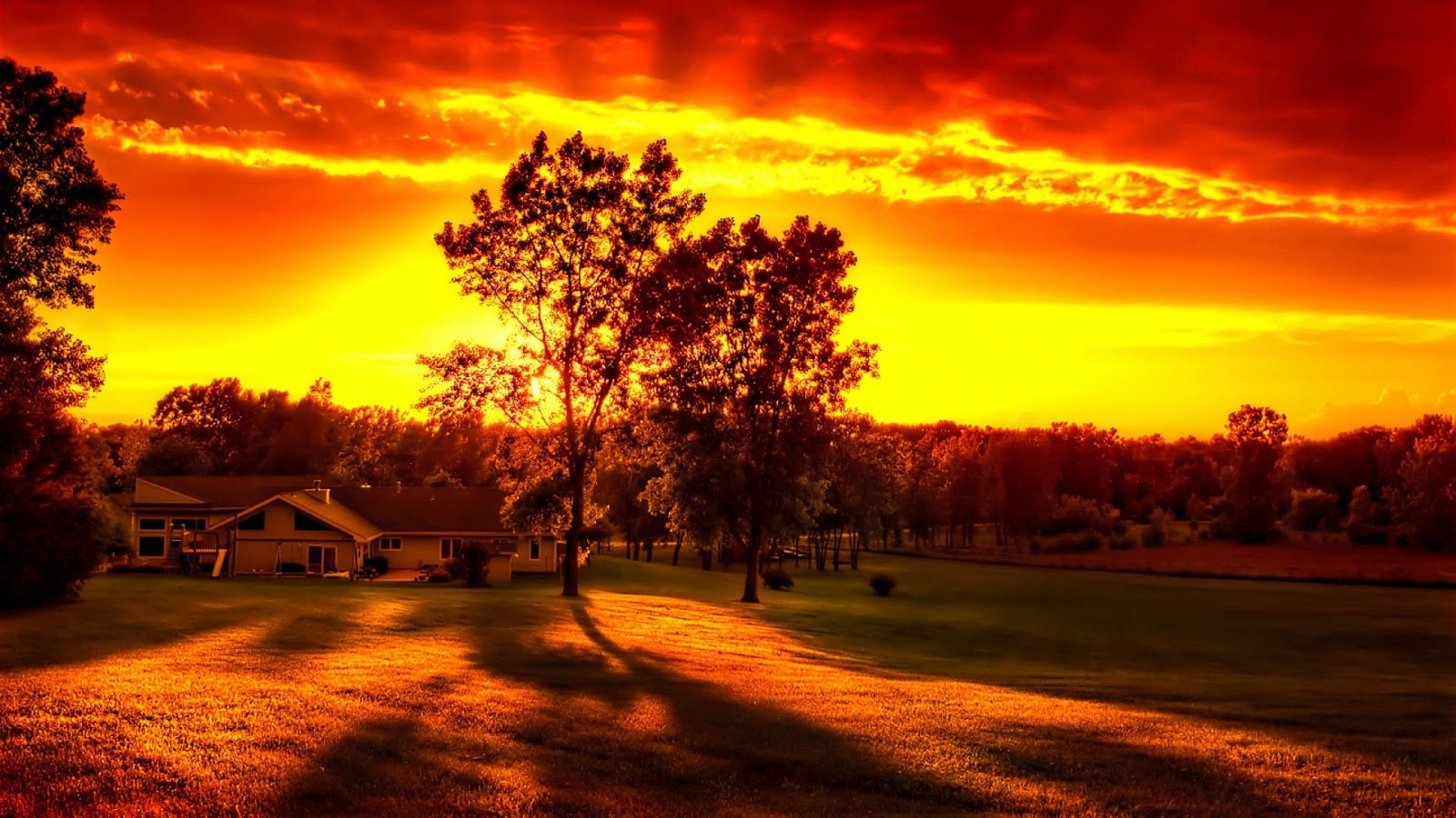naturaleza, casas, amanecer, 720P, arboles, HD Wallpaper