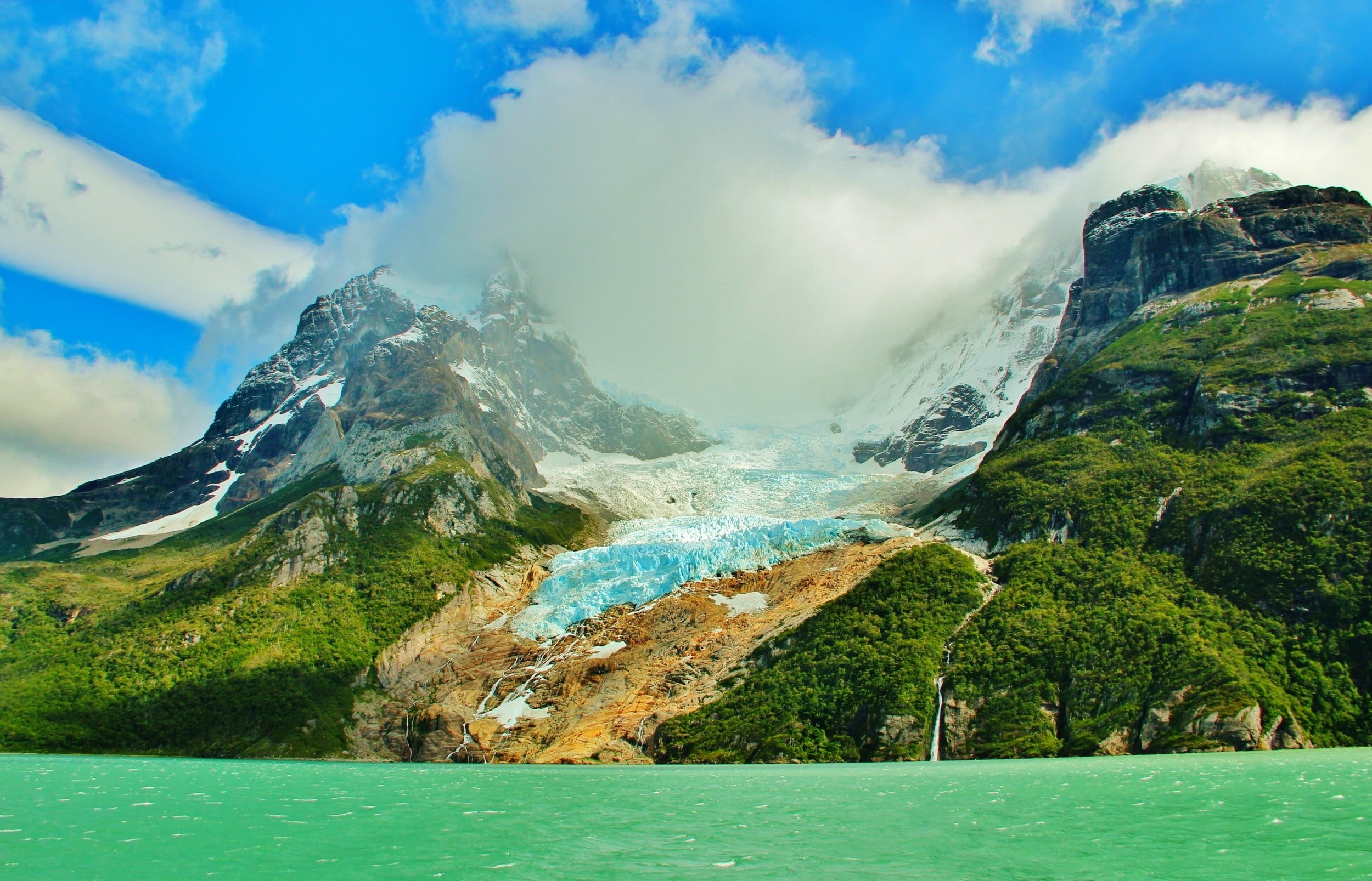 mountains, no people, day, sky, 1080P, mountain, Patagonia, idyllic, cloud - sky, cliff, environment, green color, land, forest, ice, glaciers, landscape, HD Wallpaper