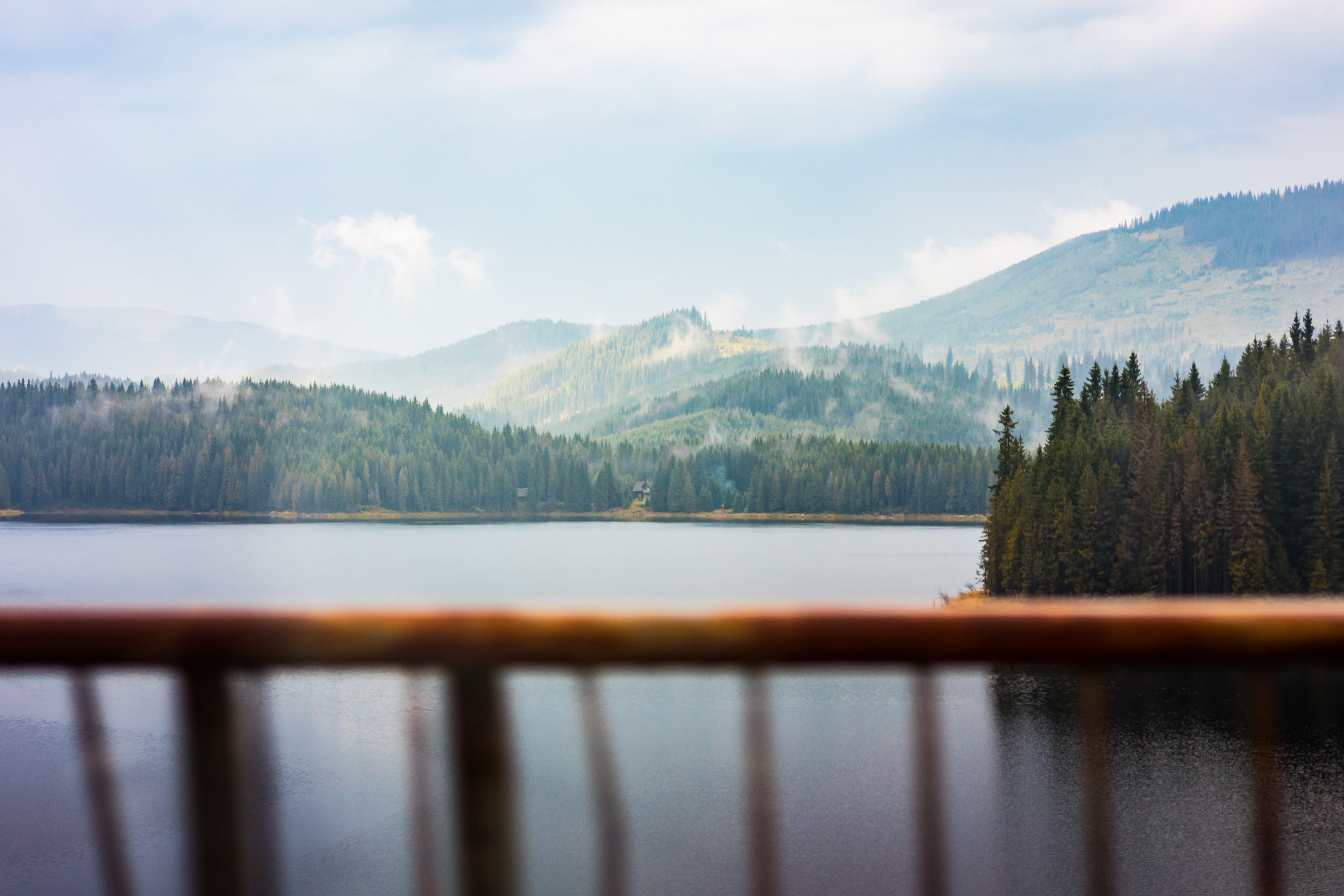 Foggy, day, no People, Lake, plant, mountain Range, Car Window, coniferous tree, scenics, sky, tranquility, seen, nature, water, panorama, romania, landscape, HD Wallpaper