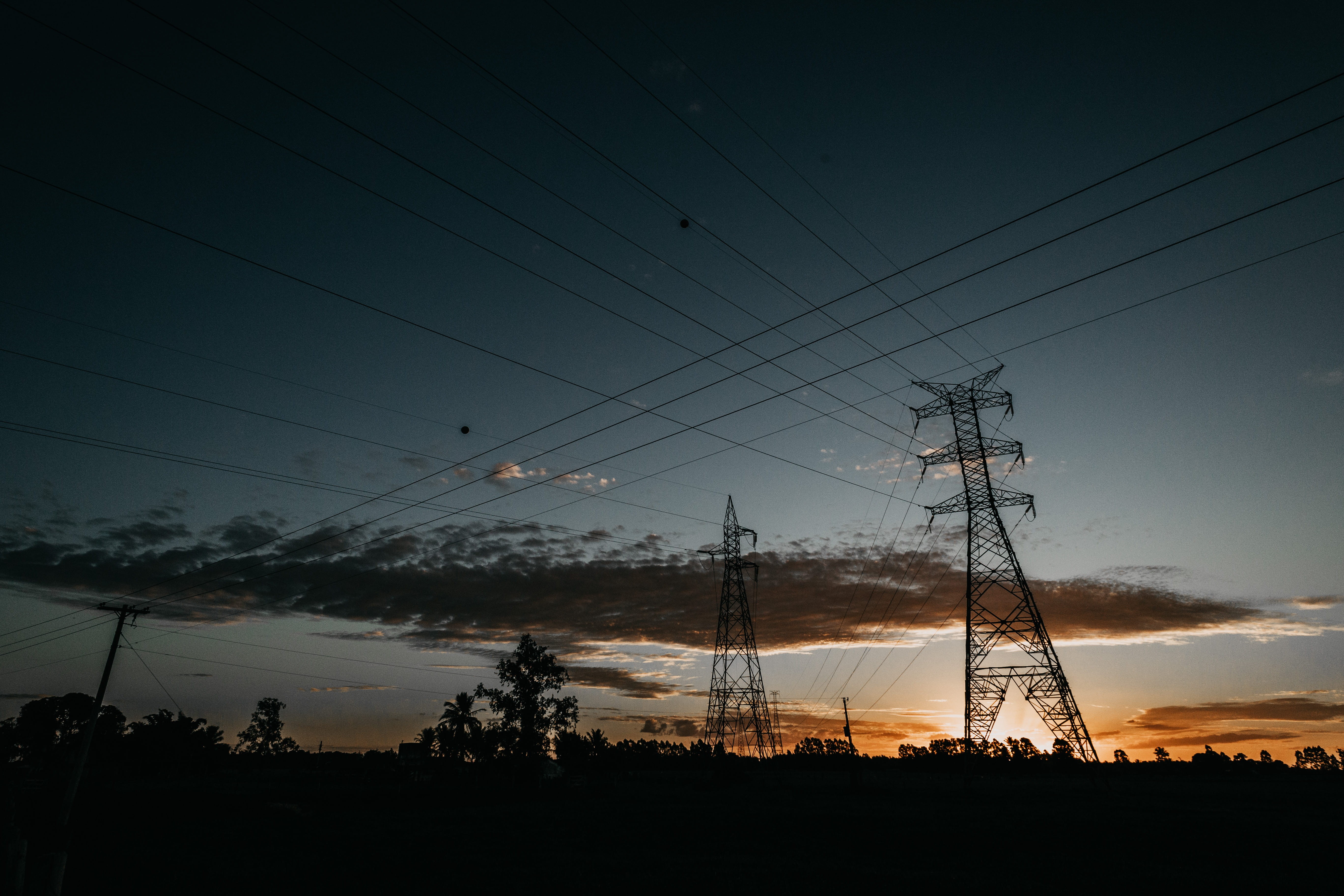 plant, no people, connection, ceu, tower, dusk, por do sol, power supply, electricity, built structure, fuel and power generation, technology, sunset, sky, HD Wallpaper