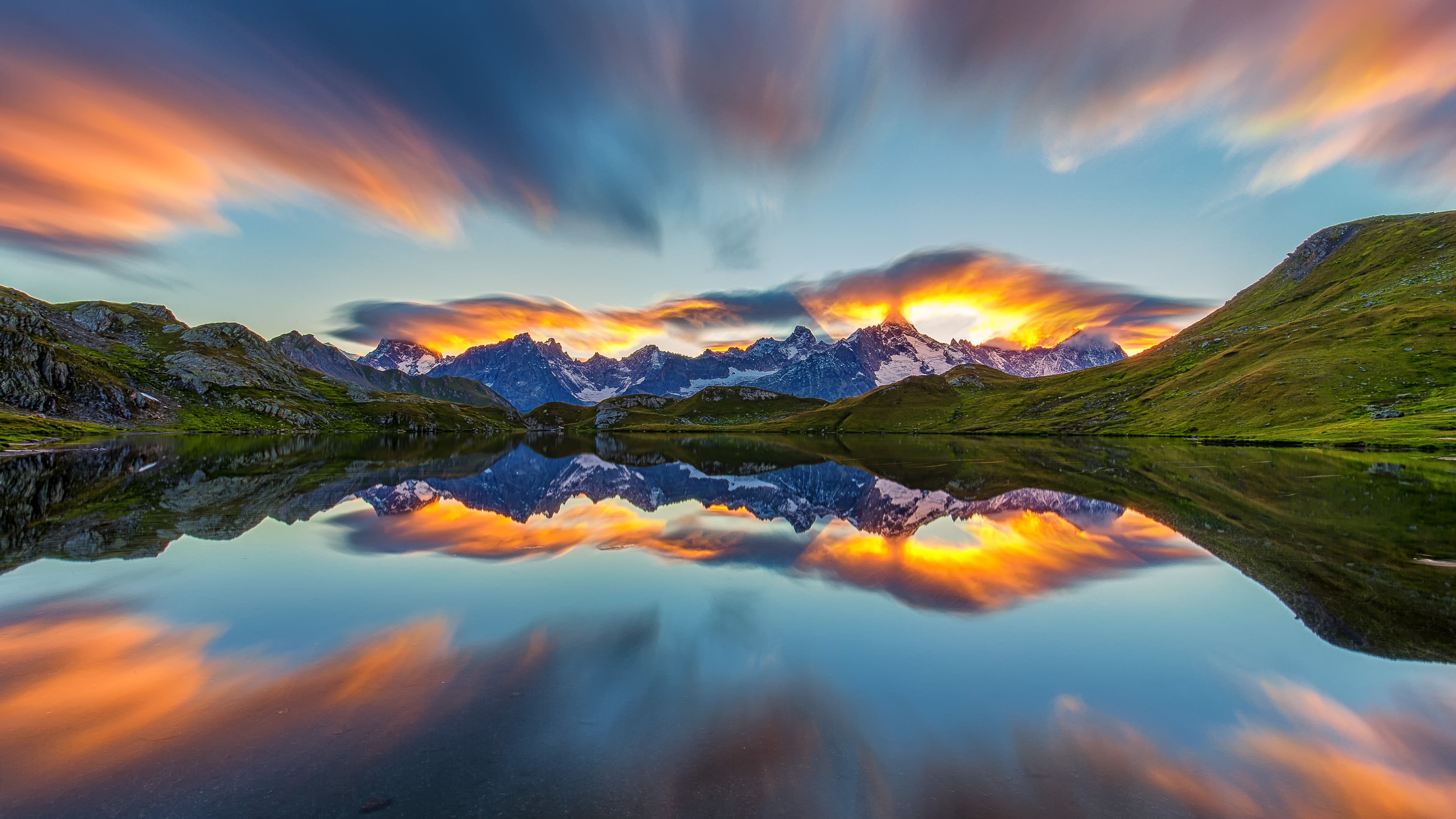 time  landscape, blue hour, Lacs, green, mountain, day, Switzerland, landscape, outdoors, sunset, scenics, clouds, lake, de, nature, view, time, Golden Hour, HD Wallpaper