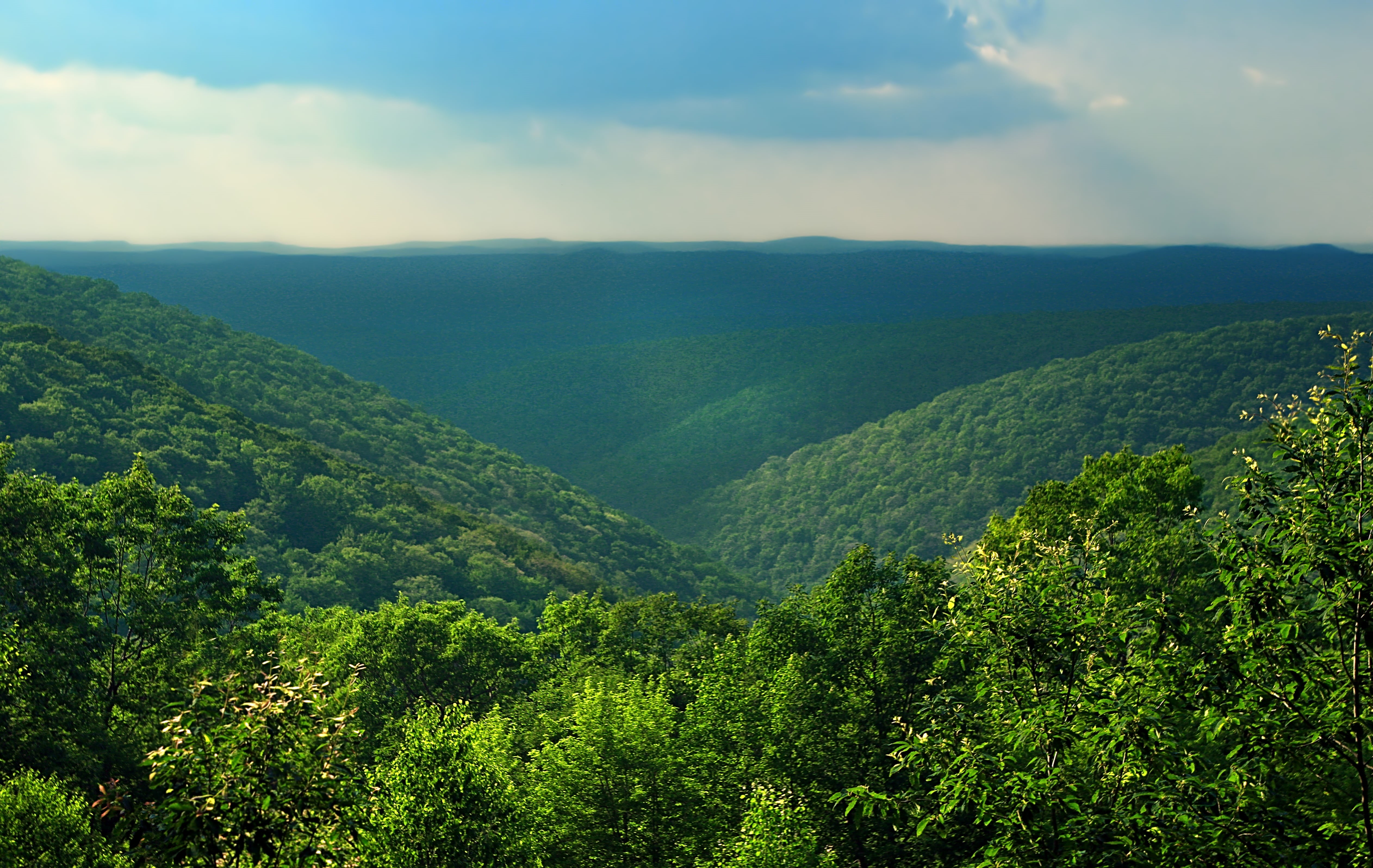 green Color, hill, Allegheny Plateau, time, creative commons, day, mountain, 4K, trees, clouds, sky, summer, nature, Vista, Pennsylvania, Ridge Road, valley, HD Wallpaper