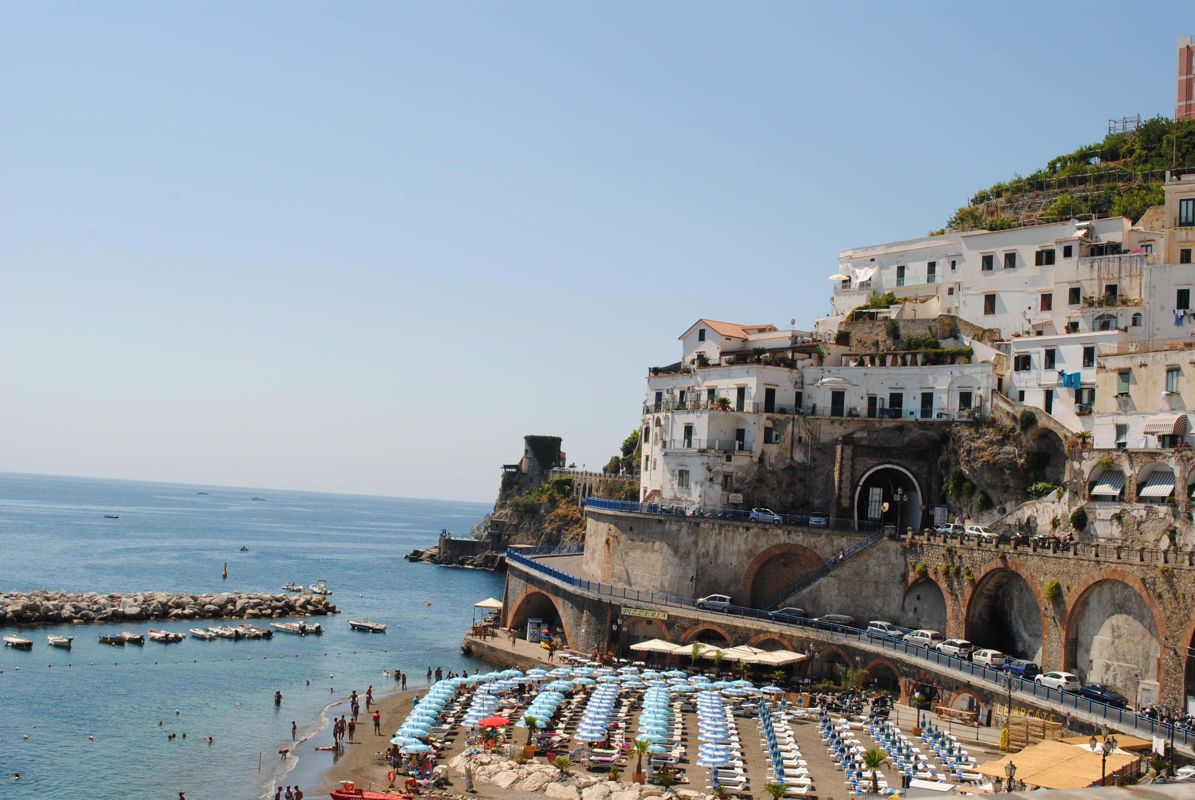vacation, transportation, coast, concrete, travel destinations, italy, rock, clear sky, beach, leisure, famous, destination, campania, touristic, architecture, HD Wallpaper