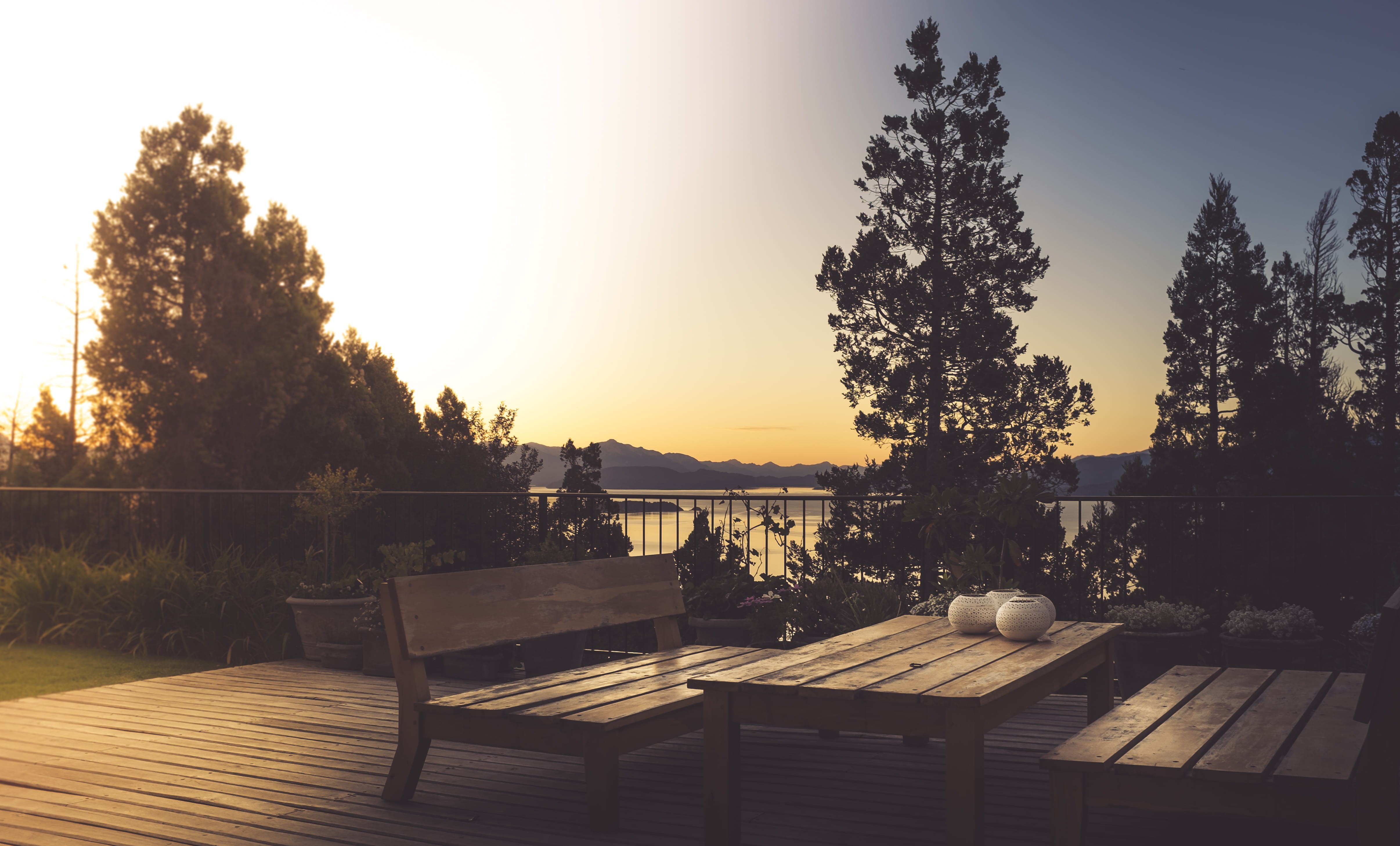 sunlight, nature, plant, tree, tranquility, outdoors, lake, silhouette, sunset, absence, architecture, swimming pool, table, terrace, bariloche, forest, HD Wallpaper
