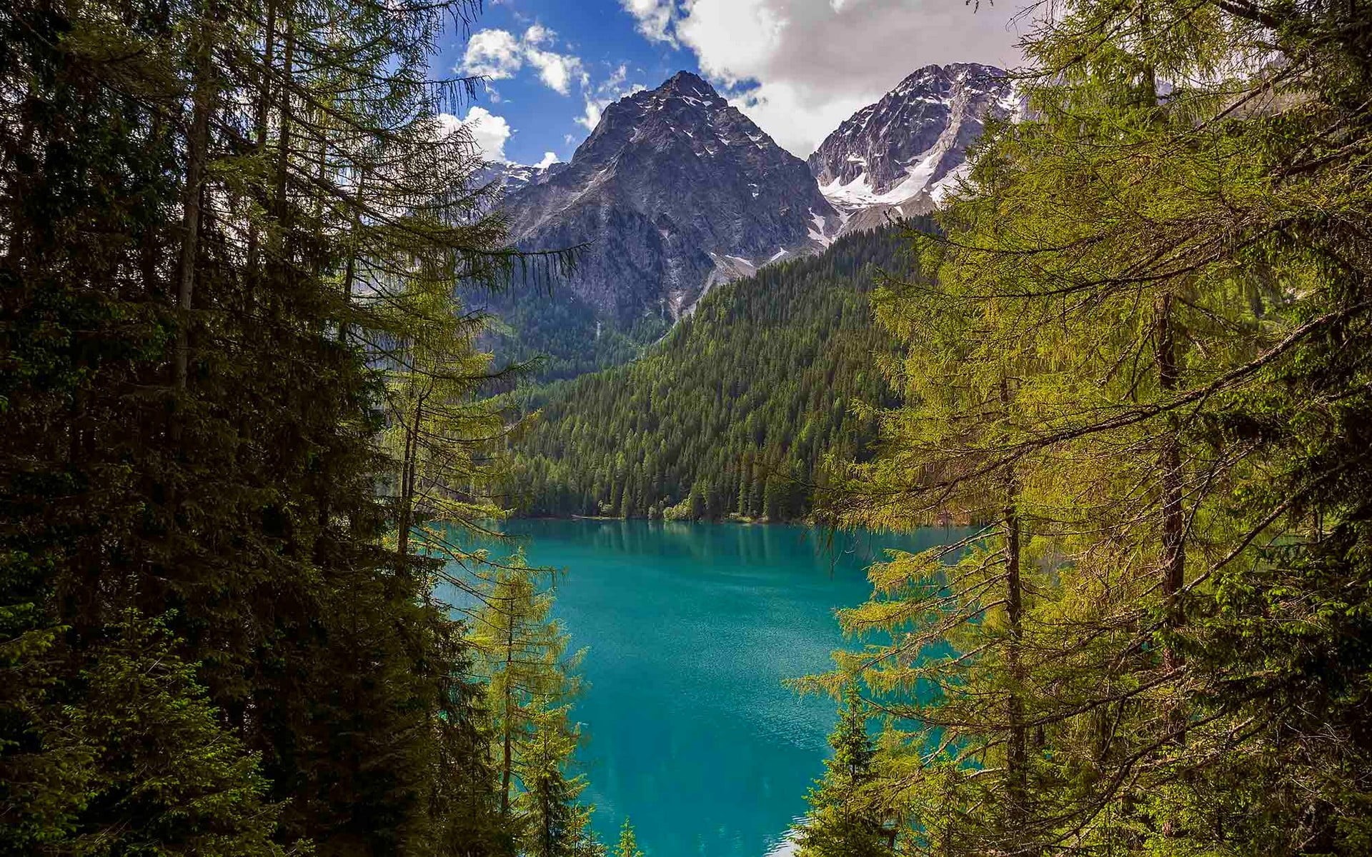 near, land, sky, scenics - nature, mountain range, turquoise colored, nature, 1080P, outdoors, Italy, green, coniferous tree, mountains, turquoise, beauty in nature, HD Wallpaper
