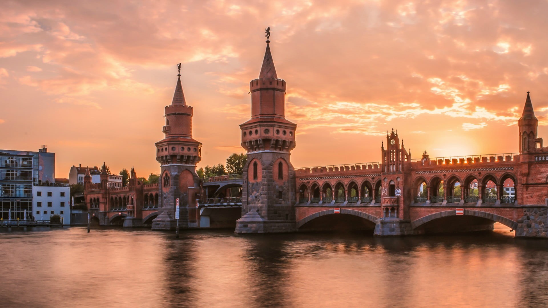building exterior, cityscape, travel destinations, outdoors, Germany, pink, connection, skyscraper, 1080P, bridge - man made structure, architecture, water, HD Wallpaper