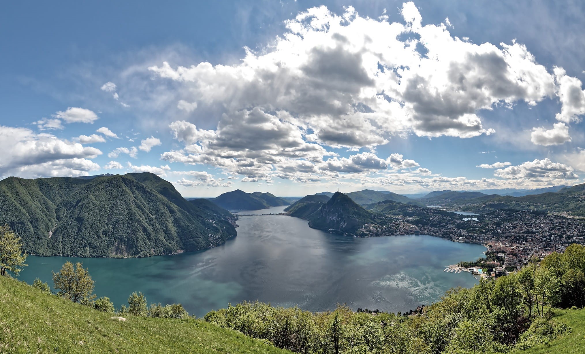 waters, ticino, lake, landscape, panorama, outdoors, tranquility, switzerland, cloud - sky, volcanic crater, idyllic, no people, tree, 1080P, mountain, HD Wallpaper