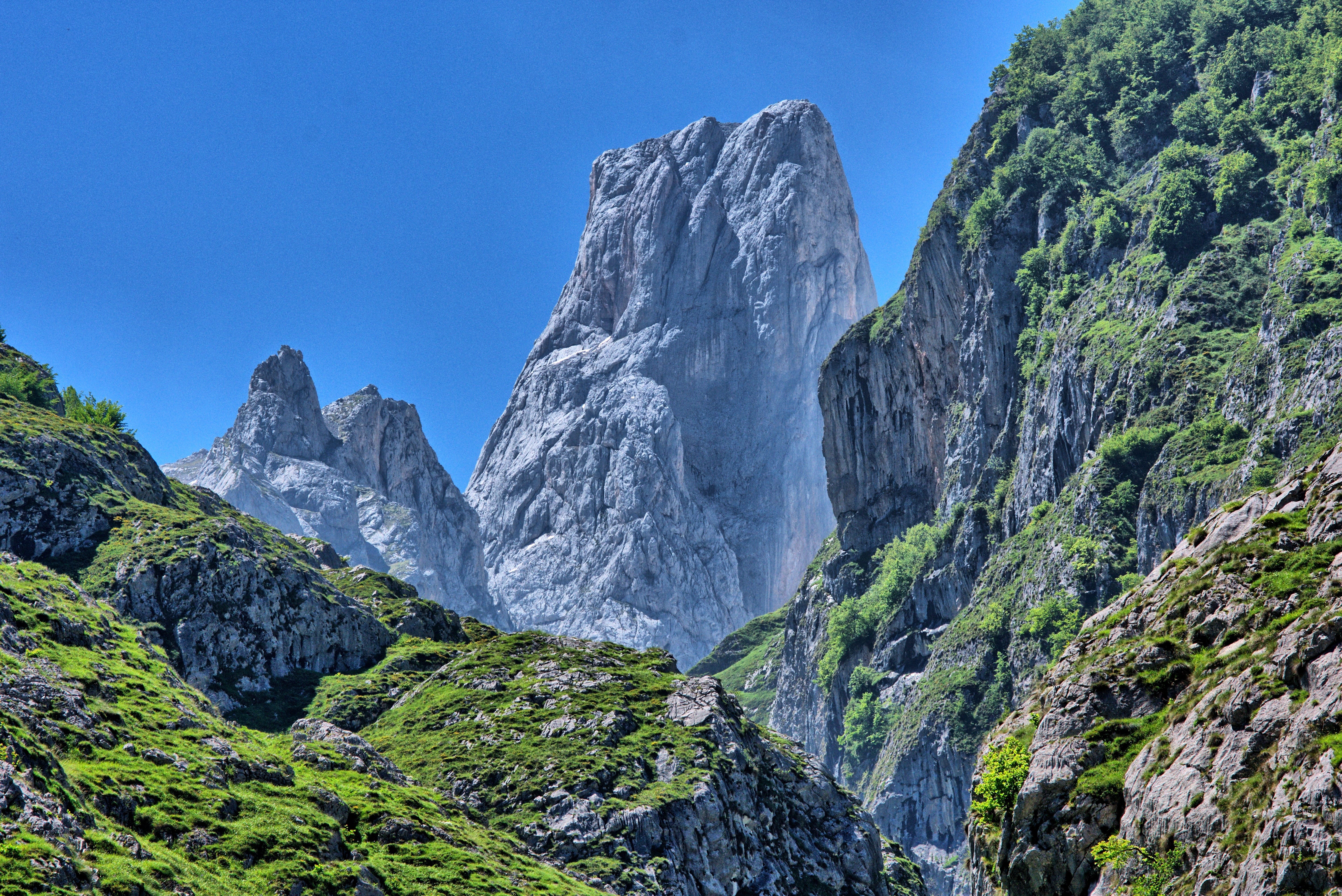 cliff, hiking, mountain, no people, blue, outdoors, landscape, clear sky, mountain peak, non-urban scene, plant, rock, high mountains, rock - object, 5K, HD Wallpaper