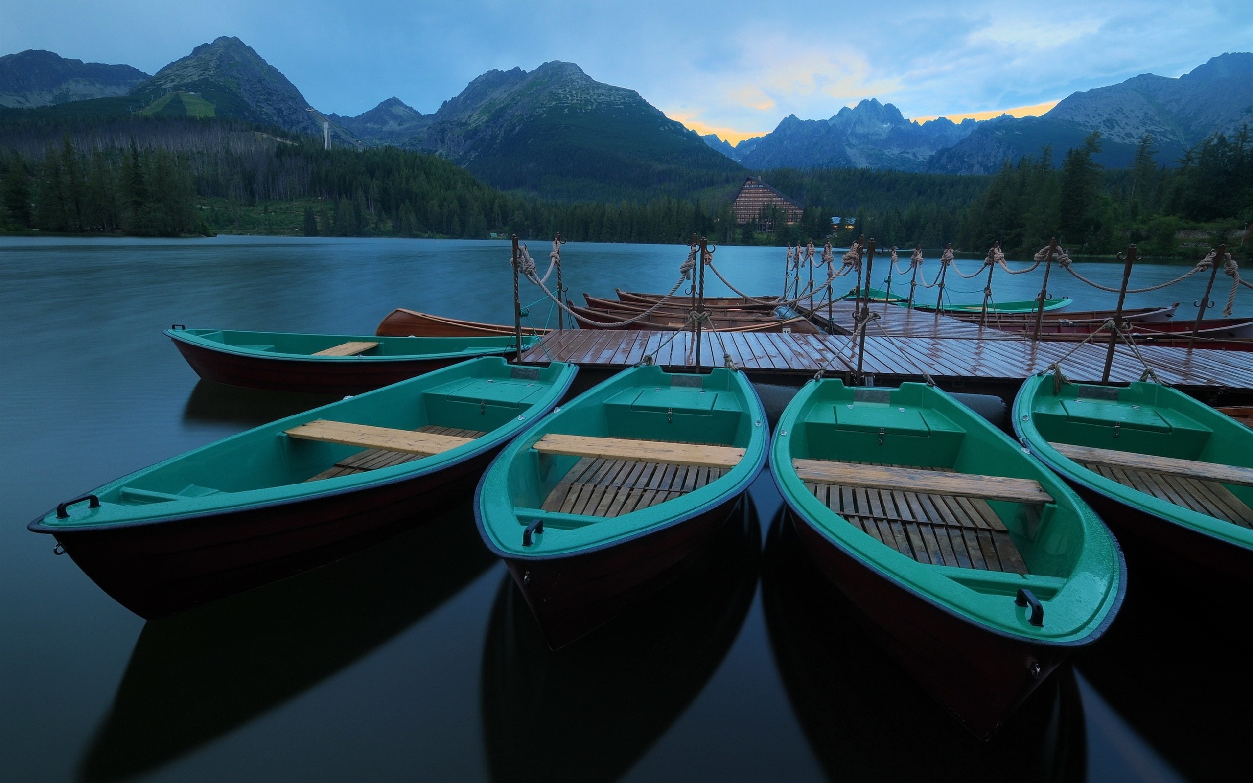rowboats, Pier, wooden, Lake, Forest, green, Boat, four, Calm, Morning, 2K, Mountains, HD Wallpaper