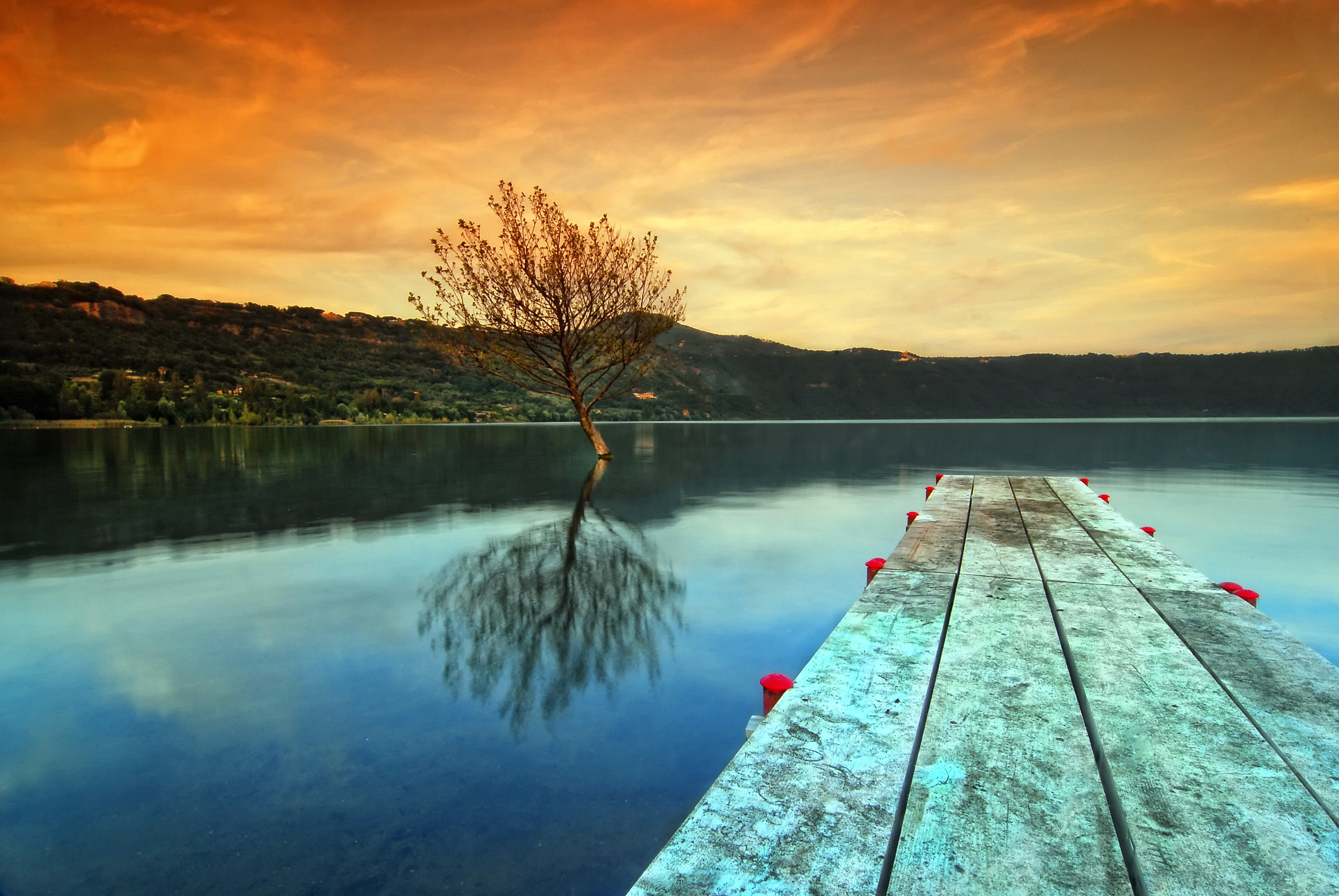 water, forest, Volcanic  lake, bare, lake, sunset, landscape, 4K, tranquil Scene, sky, tree, body of water, outdoors, scenics, reflection, body, Lago  di  Albano, HD Wallpaper