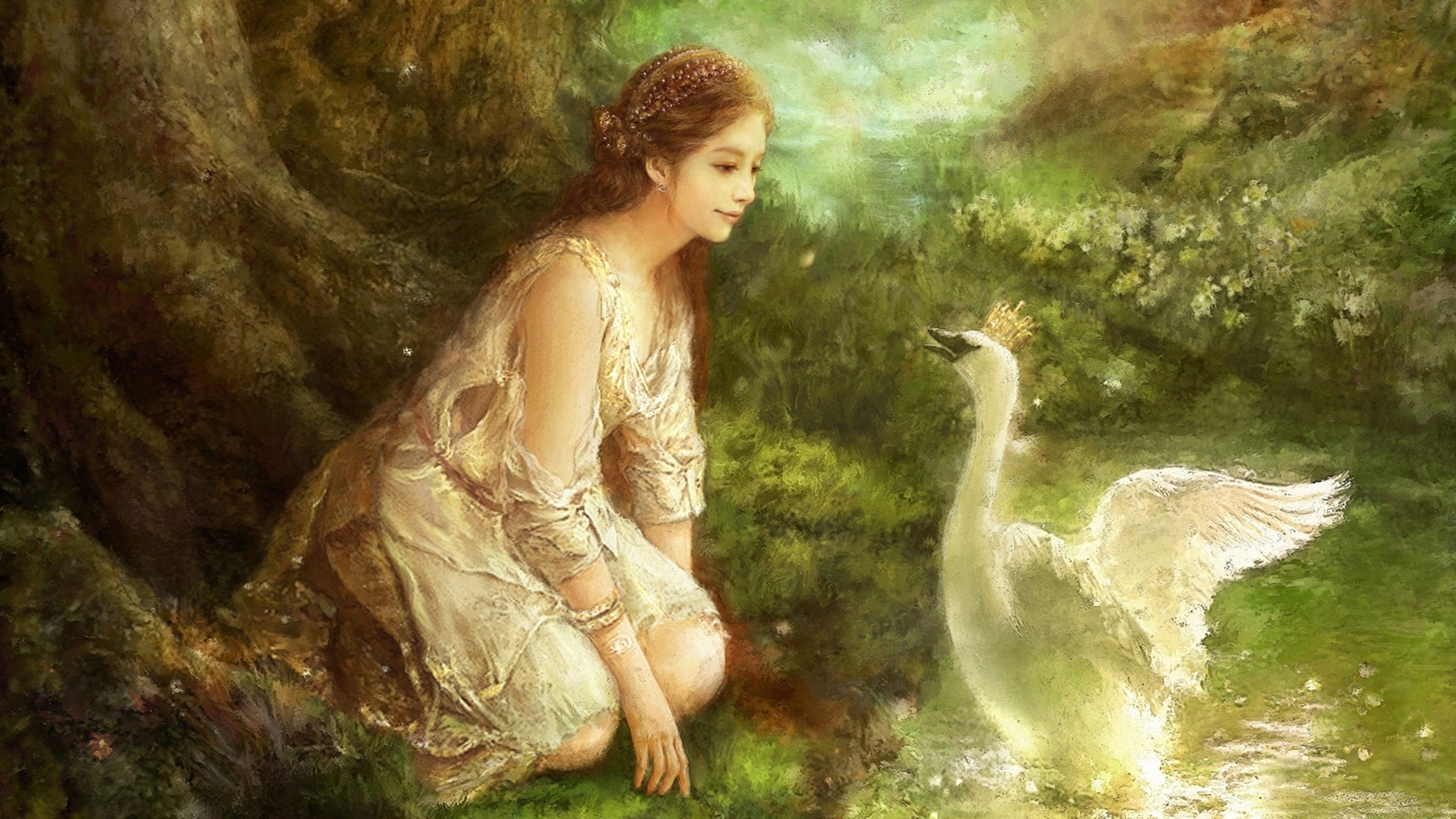 water, one person, 2K, vertebrate, nature, forest, hairstyle, pintura, women, cisne, adult, outdoors, lago, young women, beauty, hair, land, mujer, sitting, HD Wallpaper