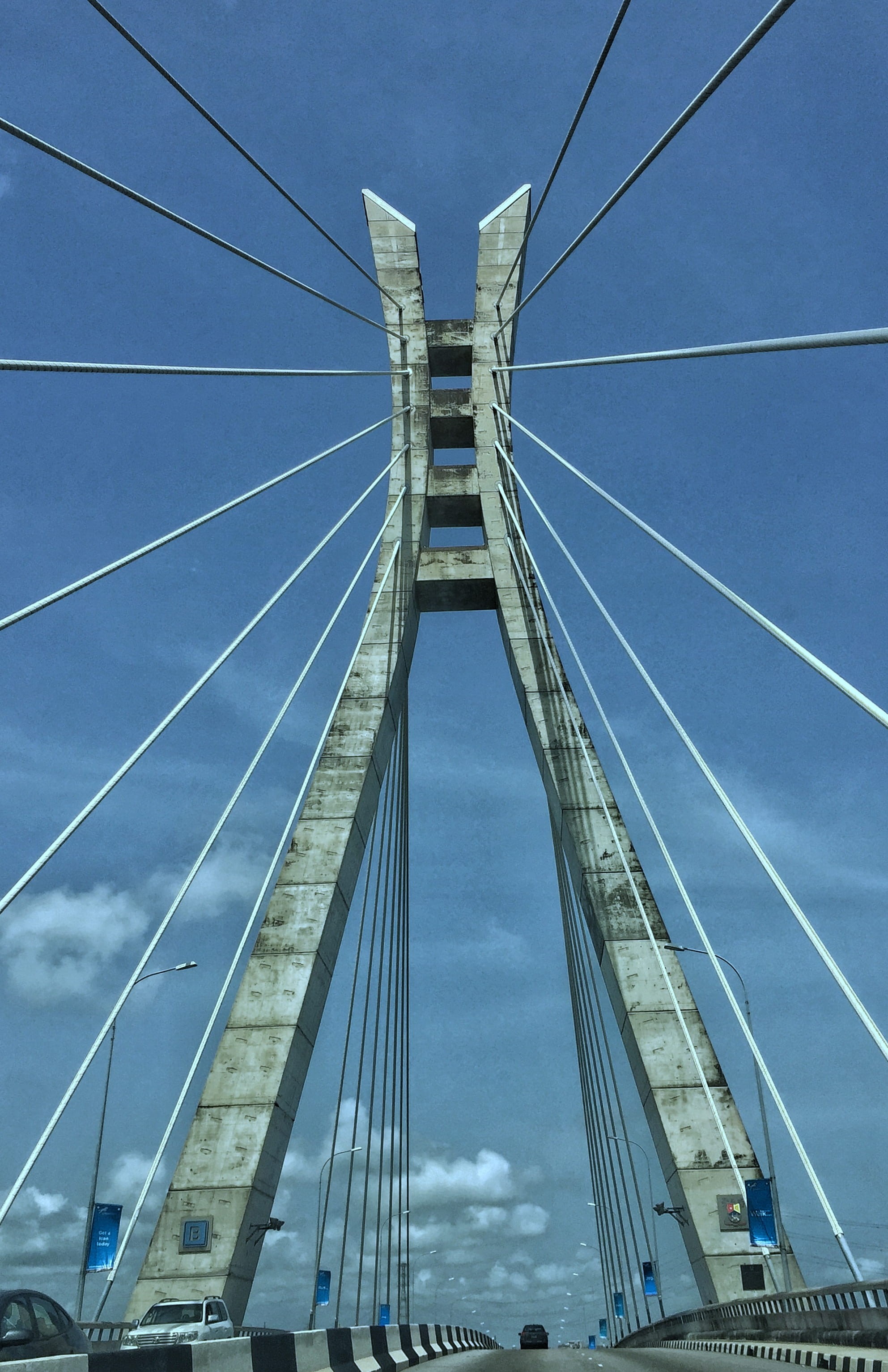 building, sky, city, suspension bridge, architecture, engineering, power supply, low angle view, built structure, machine, automobile, connection, steel cable, Phone HD Wallpaper