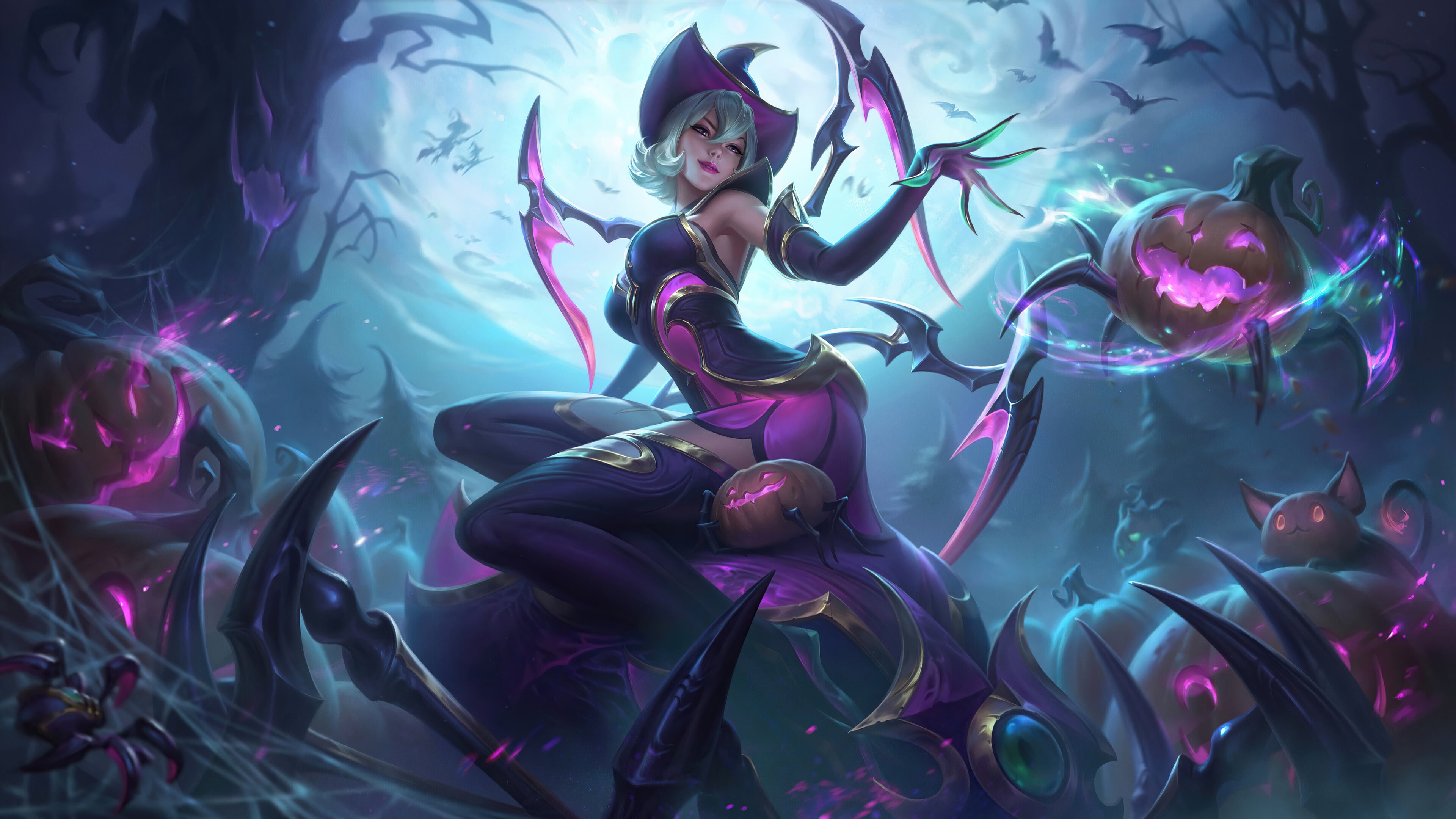 4K, spider, Riot Games, League of Legends, Elise (League of Legends), witch, sorceress, pumpkin, Halloween, Spider-Girl, HD Wallpaper