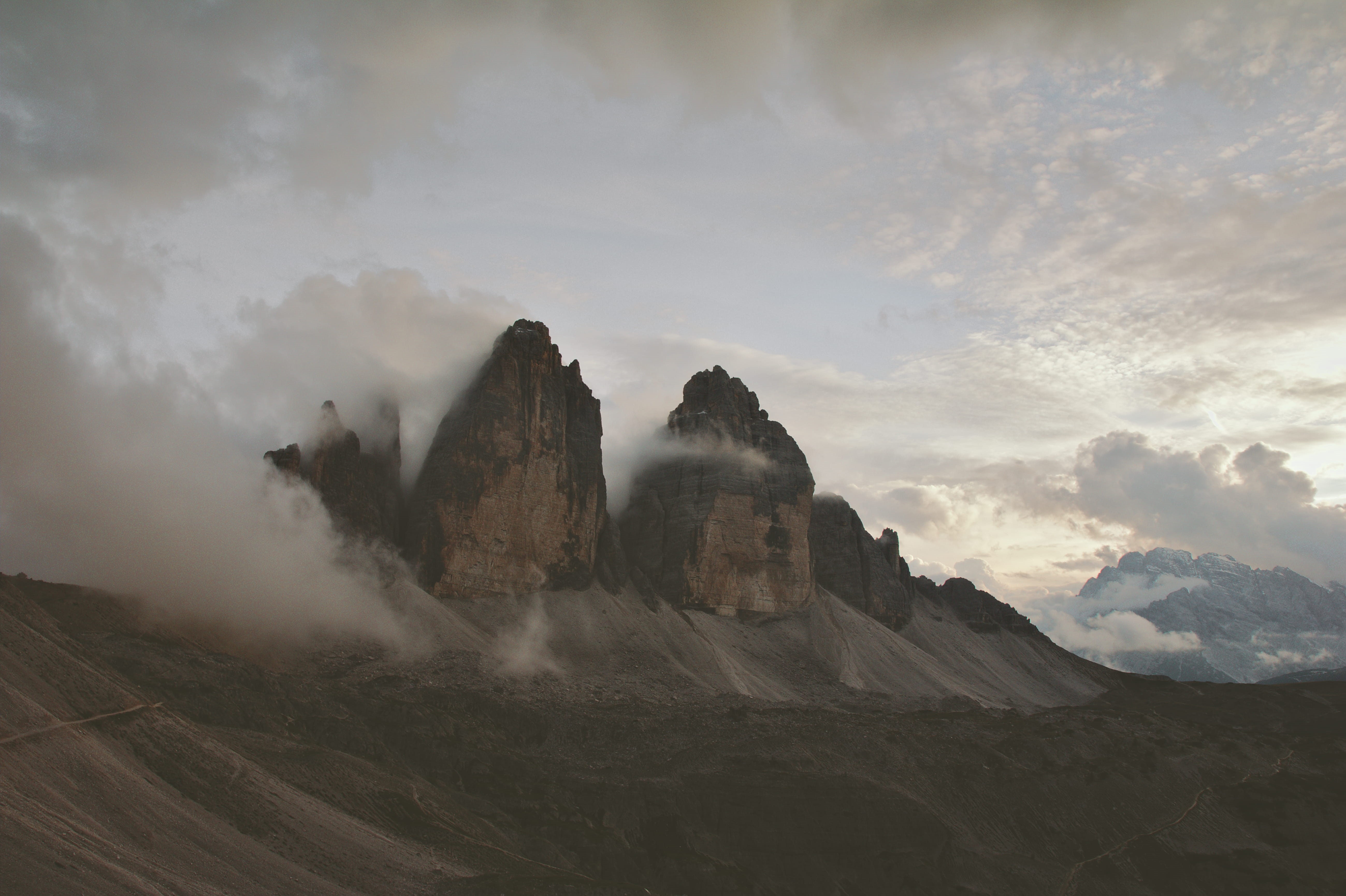 sky, no people, three peaks of lavaredo, eroded, rock - object, environment, cloud - sky, power in nature, solid, italy, mountain range, idyllic, beauty in nature, HD Wallpaper