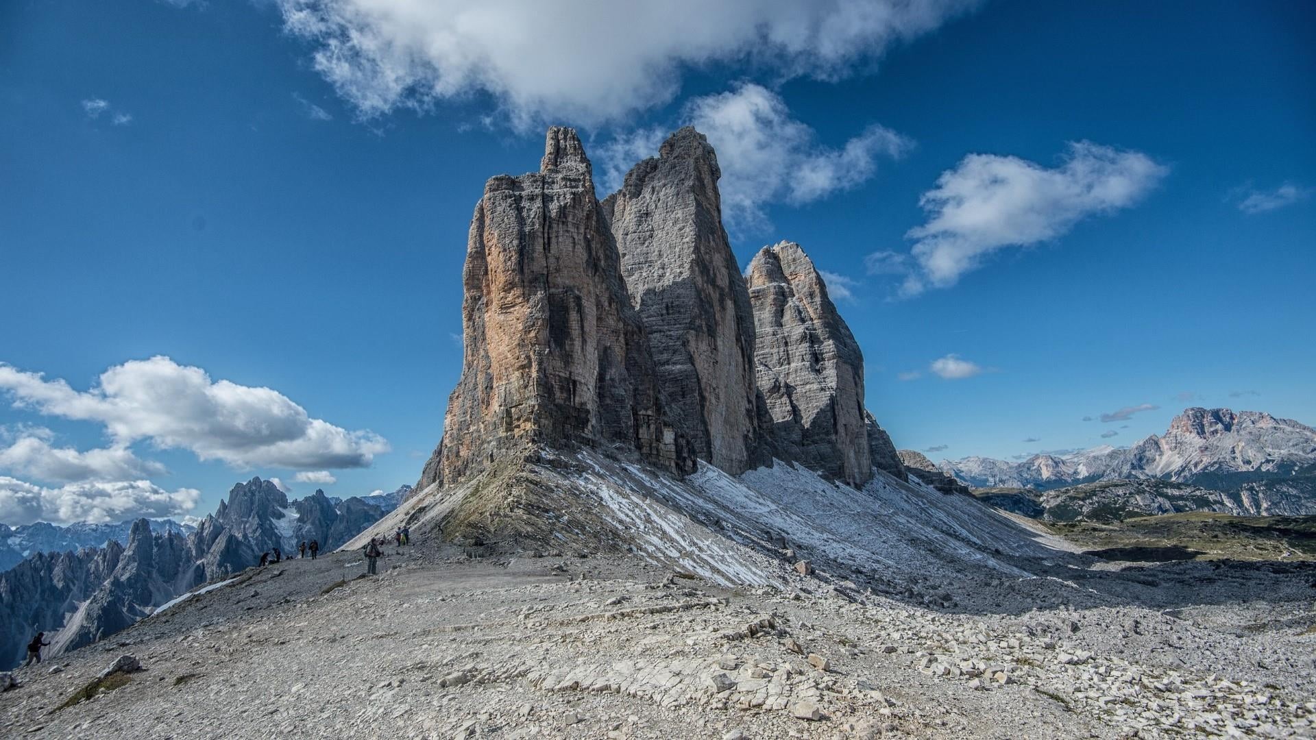 italy, cloud - sky, tranquility, dolomites, travel destinations, tranquil scene, 1080P, fluffy clouds, nature, rock - object, land, beauty in nature, tree, HD Wallpaper