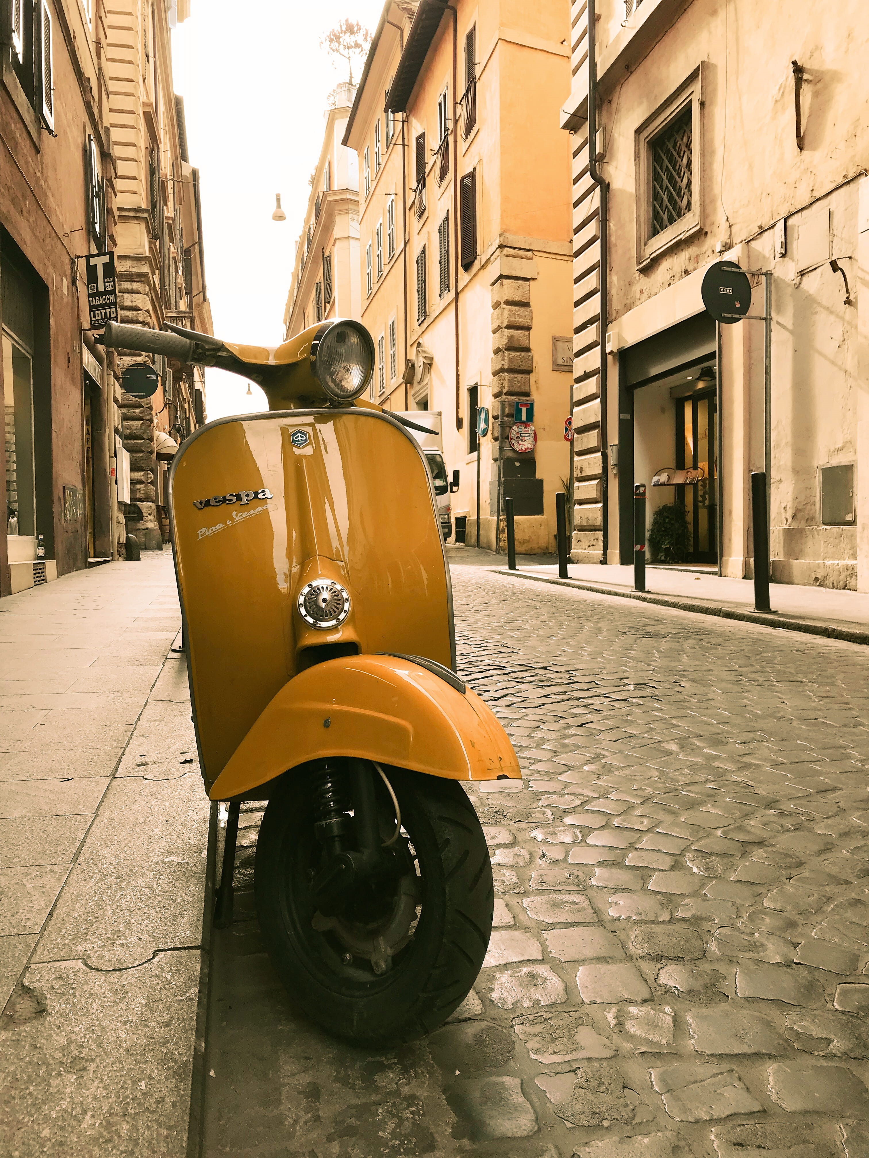 footpath, street, incidental people, roma, residential district, built structure, moto, yellow, city, stationary, scooter, rome, architecture, vespa, 4K, Phone HD Wallpaper