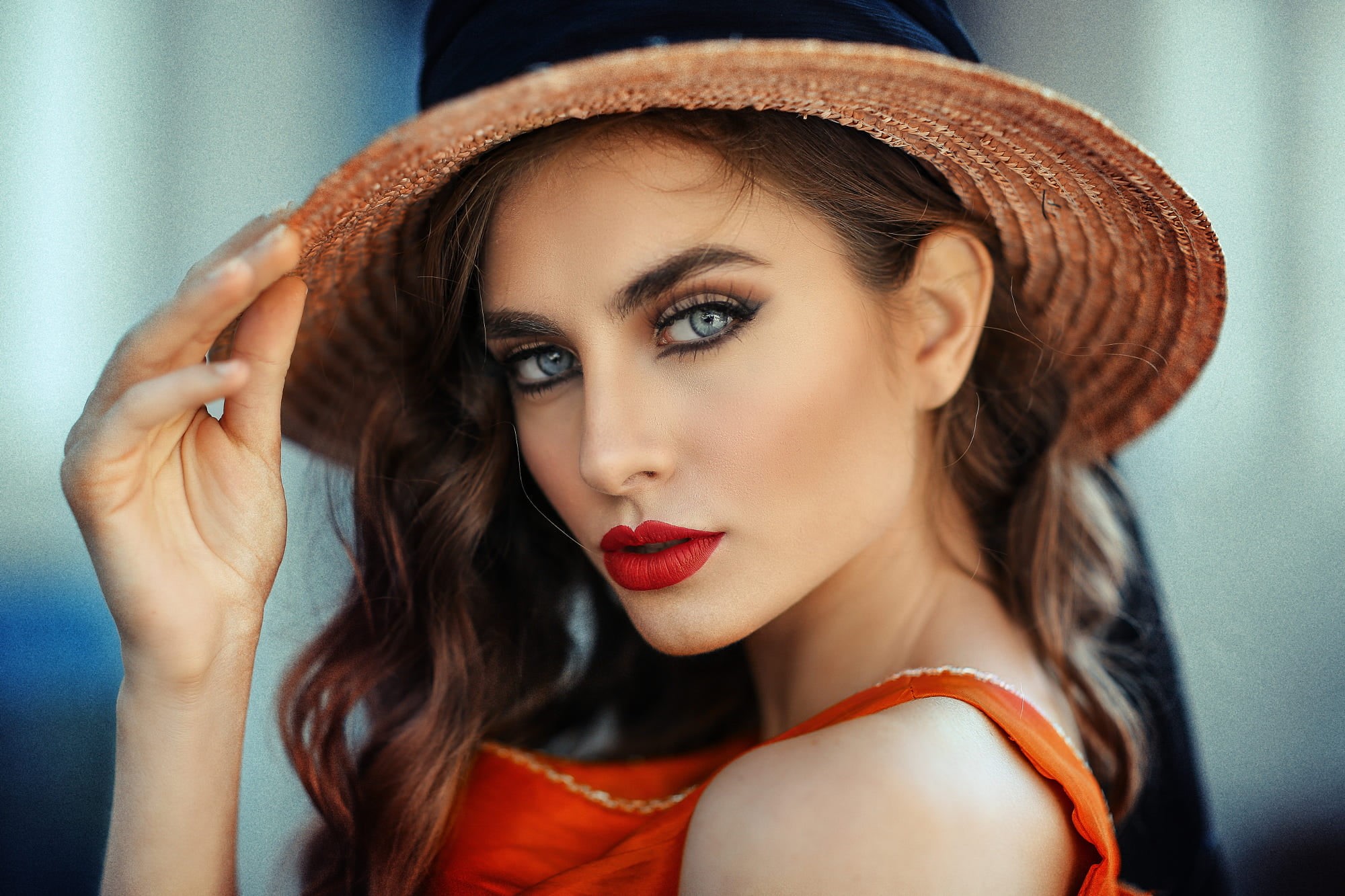 elegance, body part, brunette, women, beautiful people, portrait, one person, young women, blue eyes, red lipstick, hair, looking at camera, human body part, HD Wallpaper