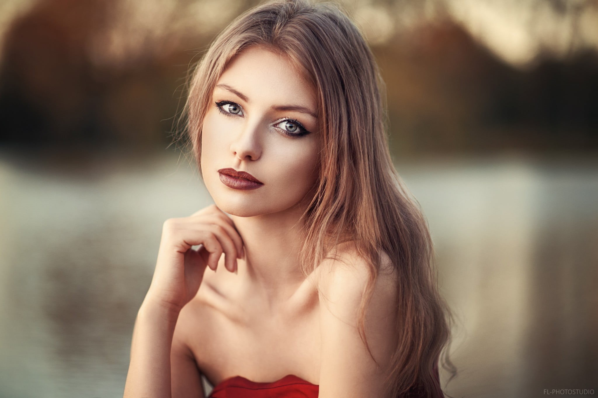 brunette, adult, one person, hair, women, red lipstick, looking at viewer, contemplation, dress, gray eyes, beautiful woman, 1080P, beauty, human face, HD Wallpaper