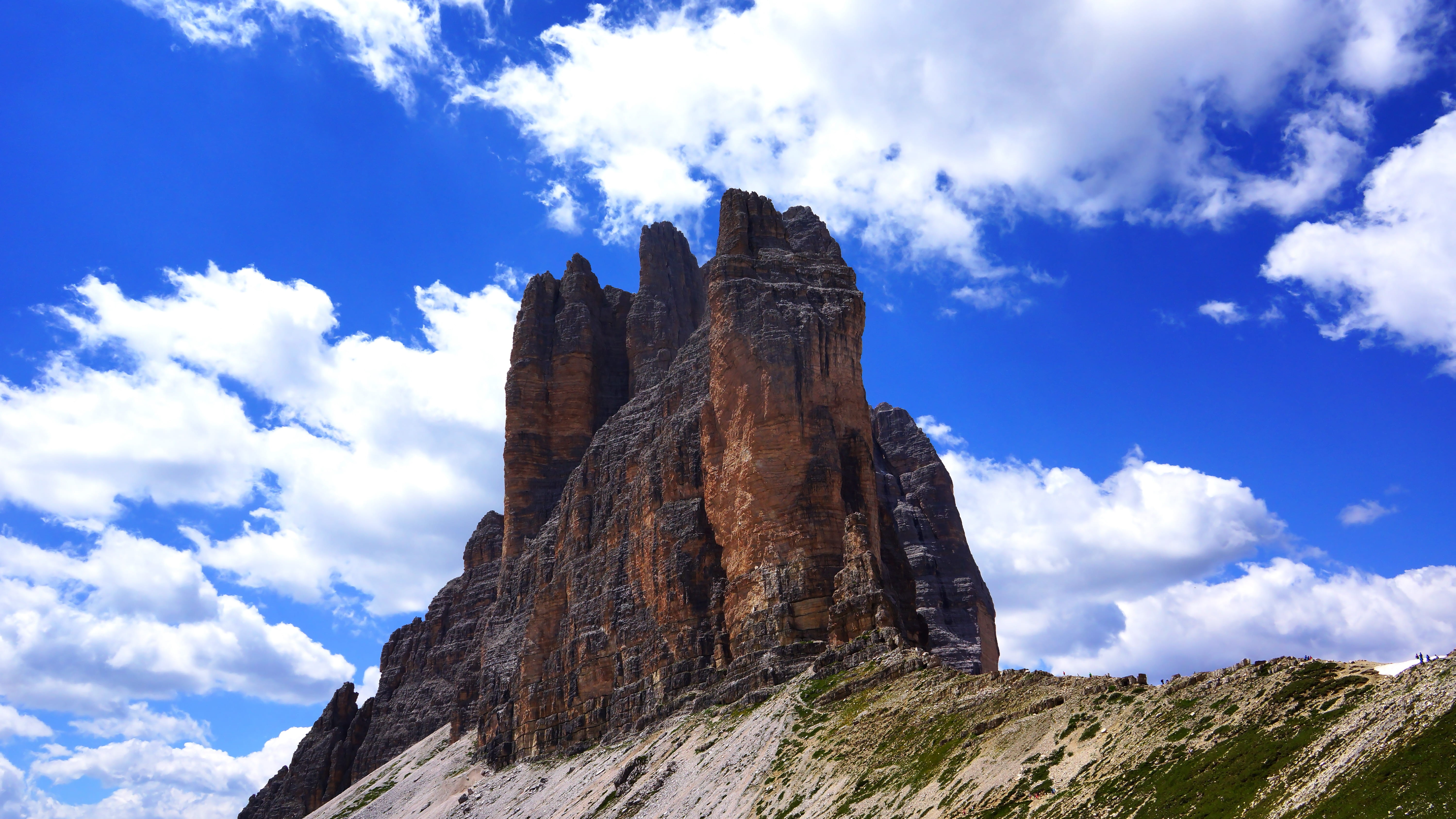 rock formation, mountain range, low angle view, 5K, eroded, rock - object, formation, italy, nature, rock, outdoors, beauty in nature, tre cime di lavaredo, HD Wallpaper