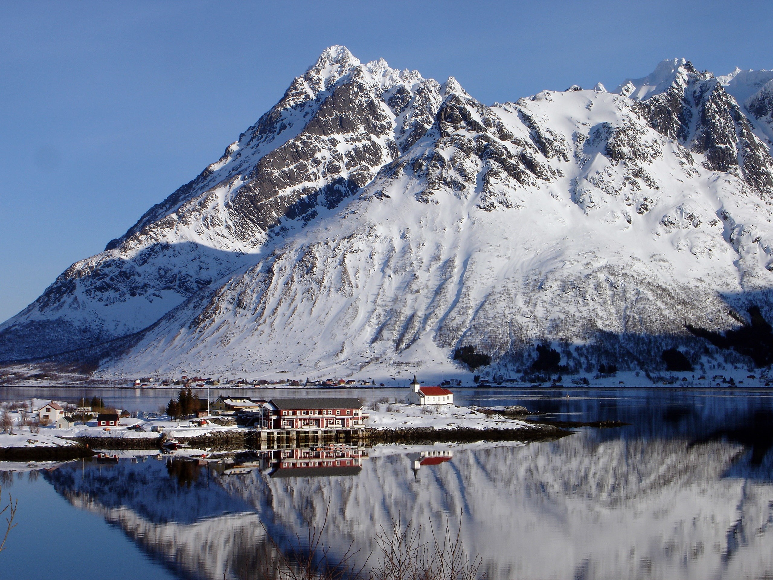 Winter, Bay, Mountains, House, Snow, Lofoten, Norway, 2K, HD Wallpaper