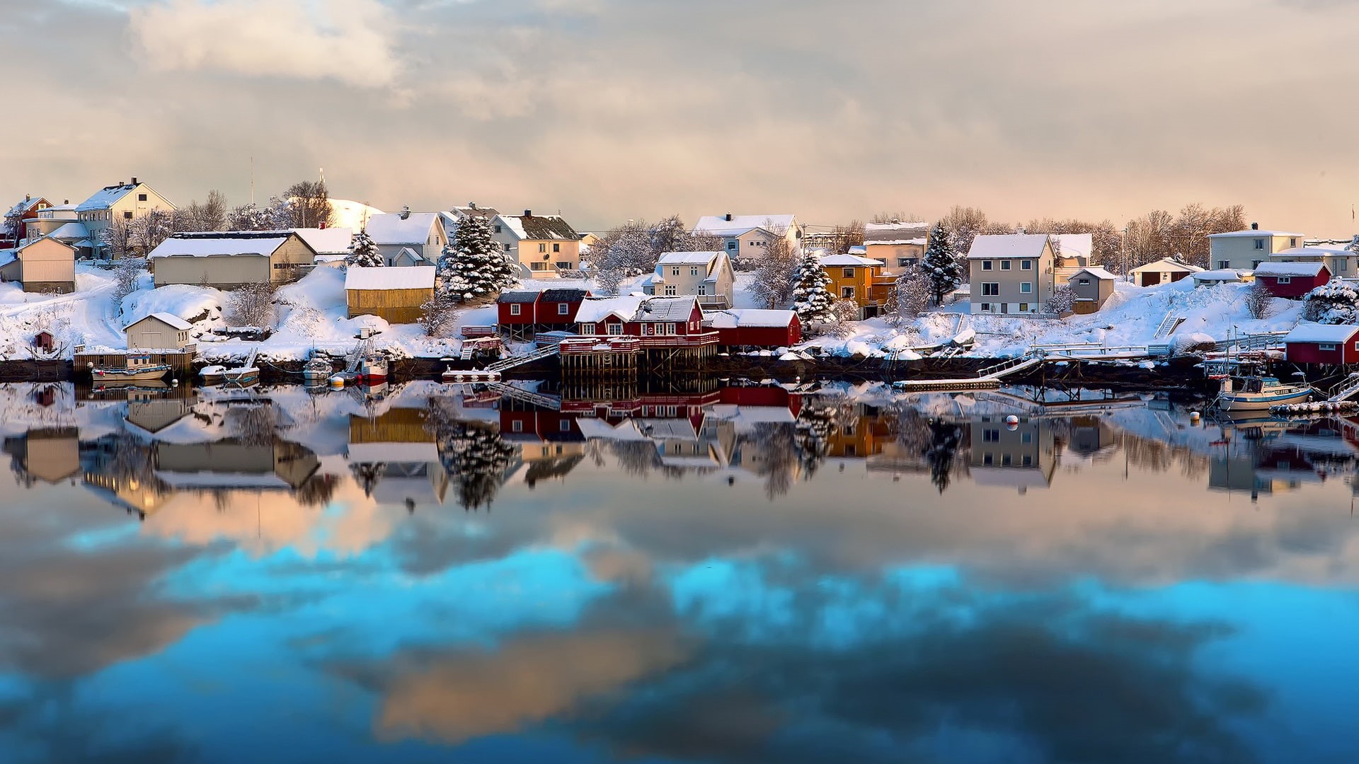 Lofoten, Boats, House, Water, Winter, Snow, Reflection, 1080P, Norway, HD Wallpaper