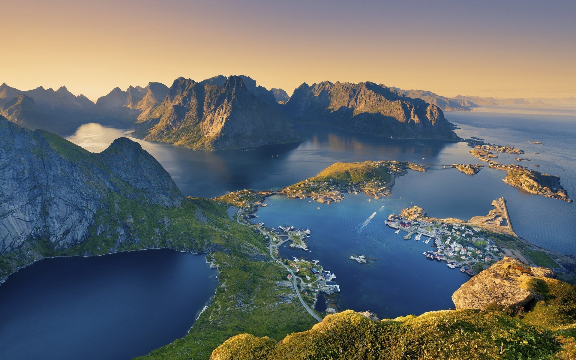 sea, aerial, islands, landscape, photo, island, 1080P, norway, mountains, rocks, lofoten, HD Wallpaper